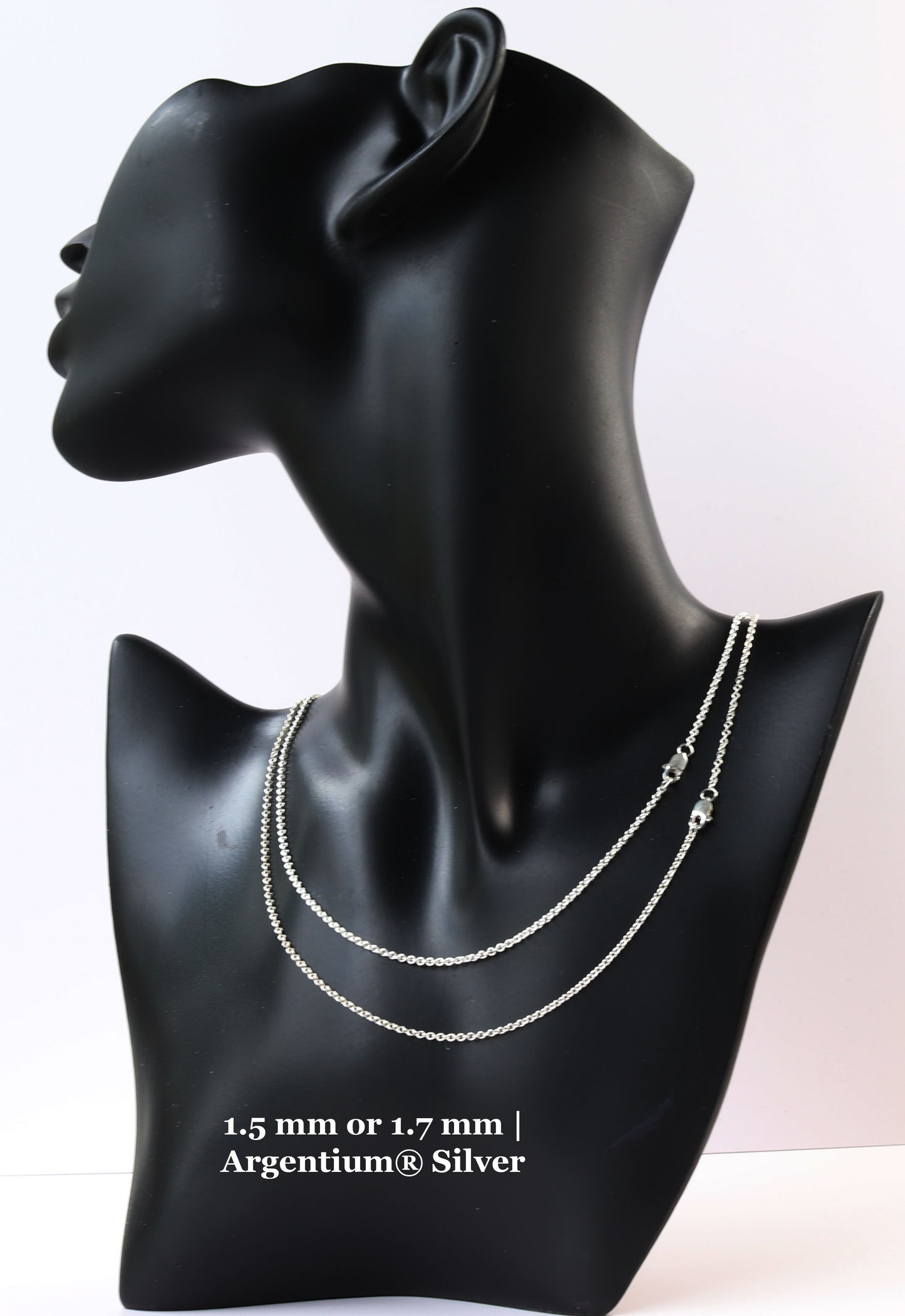 Argentium® 935 Silver Cable Chain Necklace – 16inch–20inch Options shown on black resin jewelry mannequin with text overlay of 1.5mm or 1.7mm Argentium Silver.
