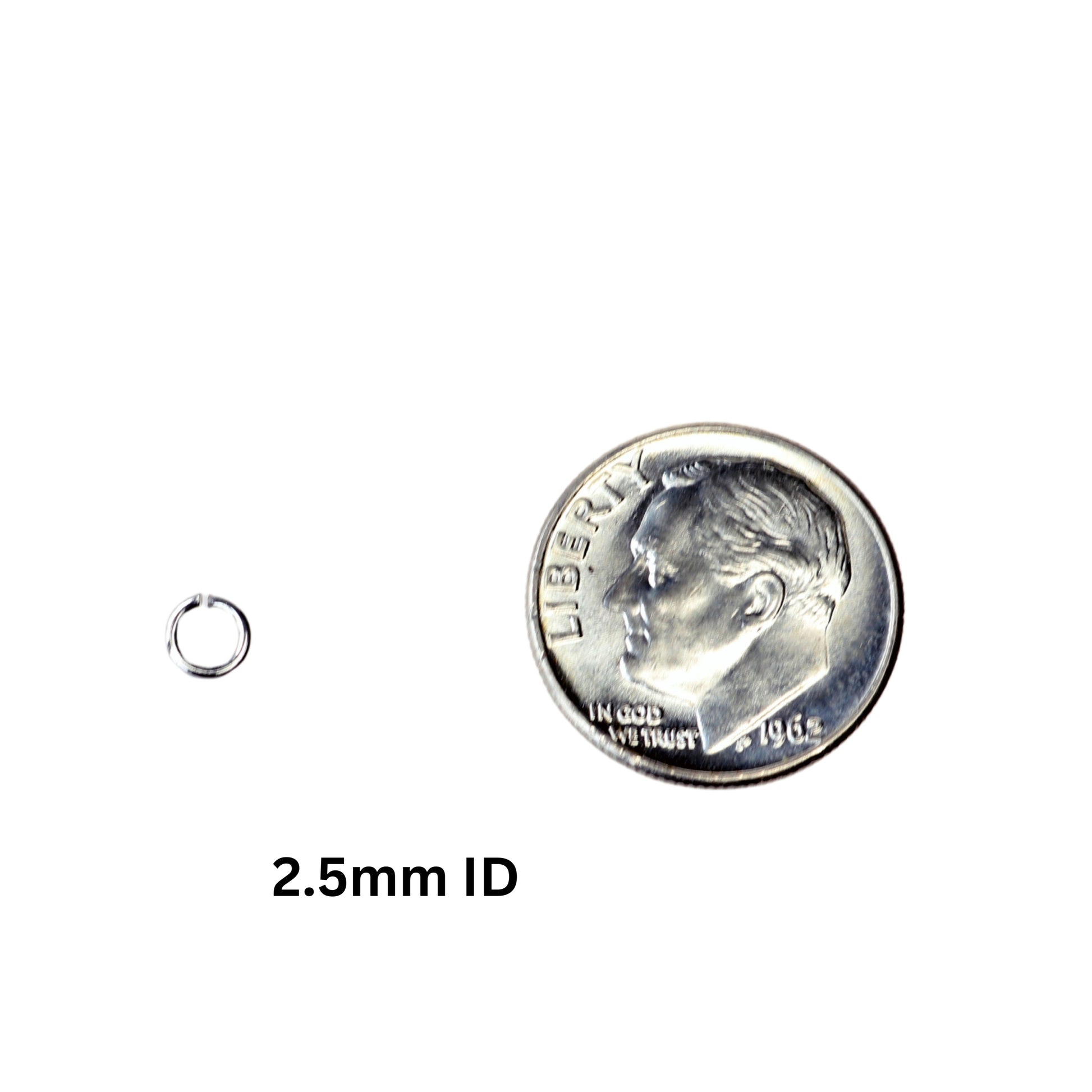 2.5mm Open Jump Rings –Tumbled & Polished Argentium 940 Silver, Handmade shown next to dime for scale.