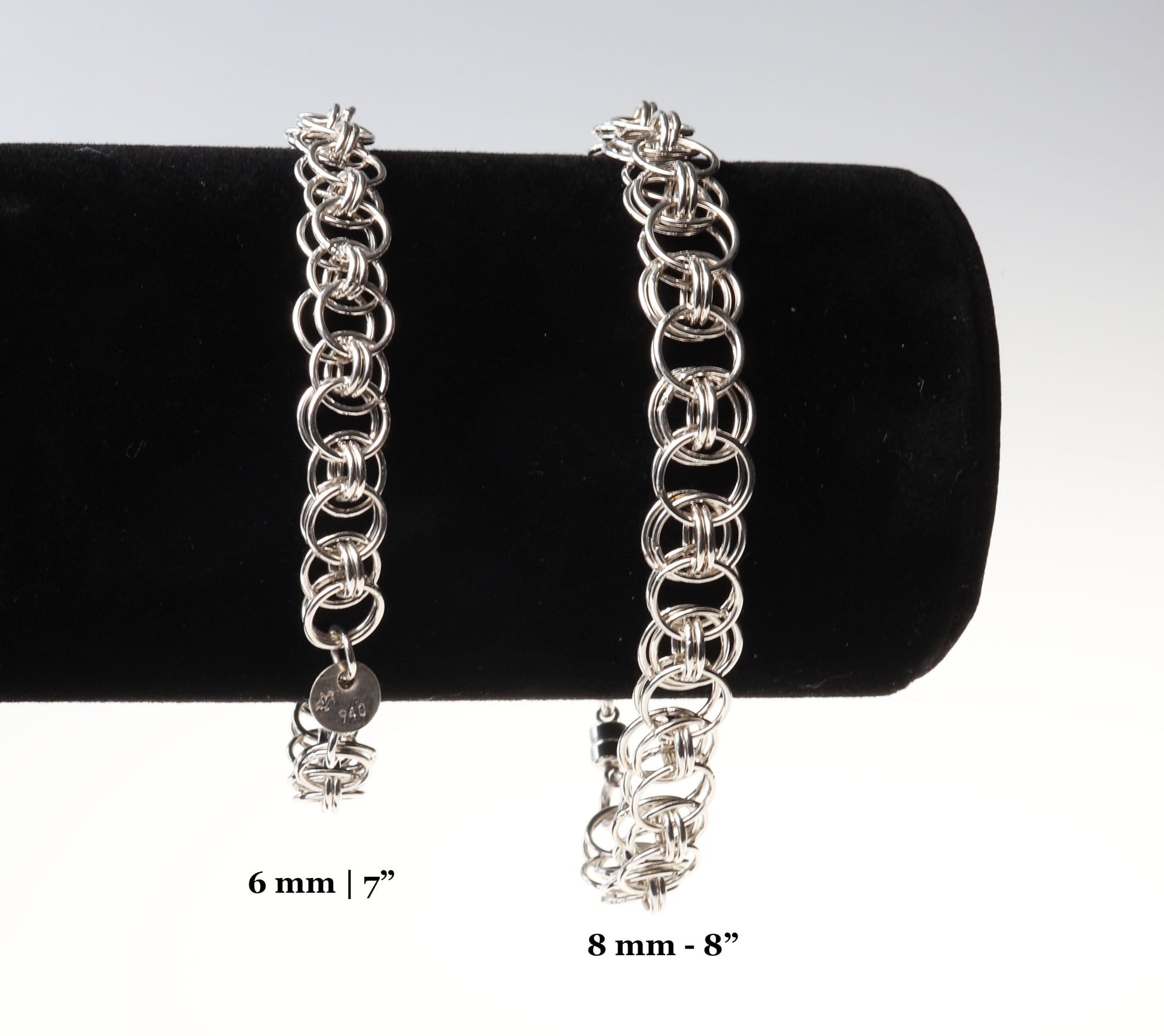 6mm 7 inch and 8mm 8 inch Argentium silver bracelets on black velvet form