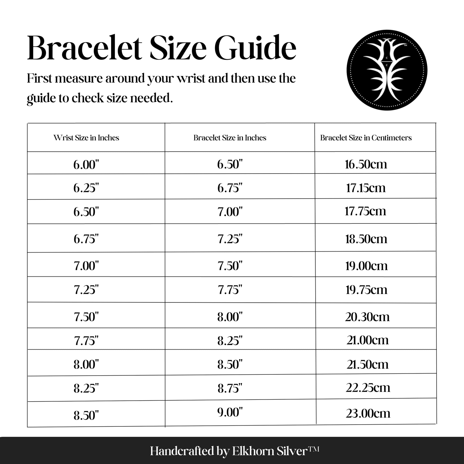 Bracelet Size Guide displays how to measure for a bracelet.   May vary based on body type.  Image is in black and white with Elkhorn Silver Logo in the upper right and trademark Elkhorn Silver shown at the bottom.