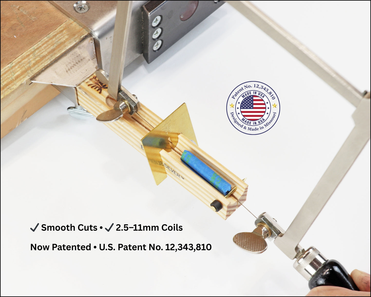Elkhorn Silver jump ring cutting tool with metal components on a white background, featuring a U.S. patent logo.