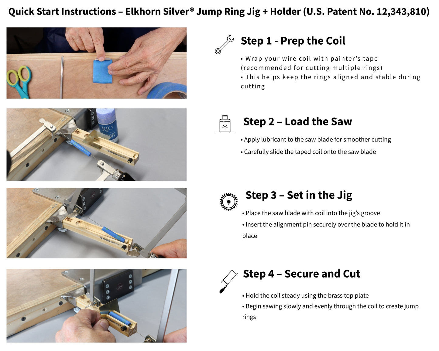 Step-by-step guide for using an Elkhorn Silver Jump Ring Jig & Holder with images and text.