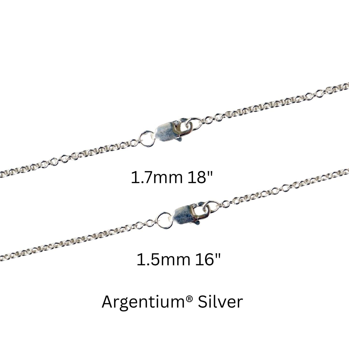 Argentium® silver chains in 1.5mm or 1.7mm – tarnish-resistant, hypoallergenic, and made in the USA – perfect for everyday wear or pendants.