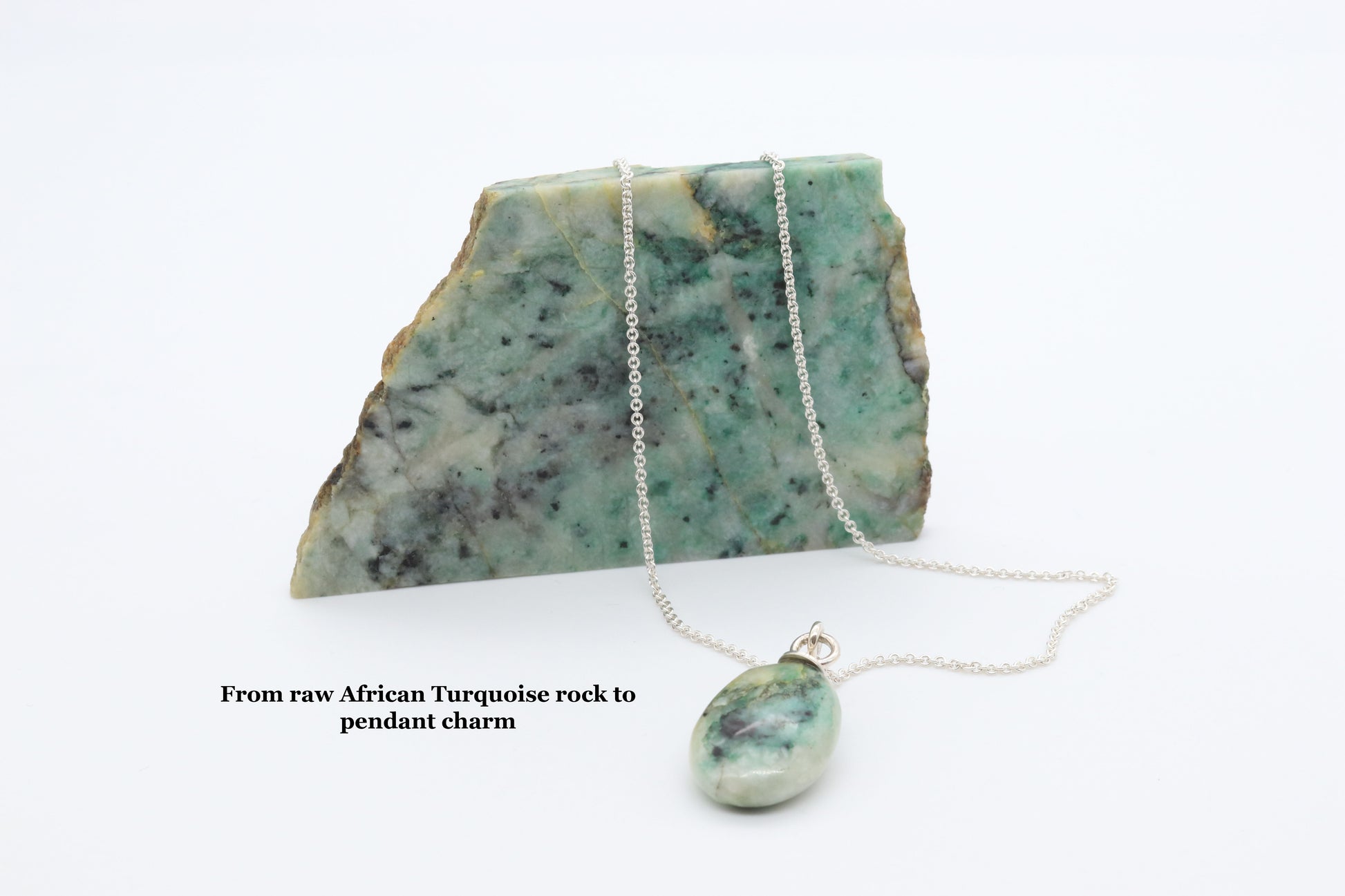 African Turquoise TearDrop pendant shown with actual craft rock used to craft this pendant charm.