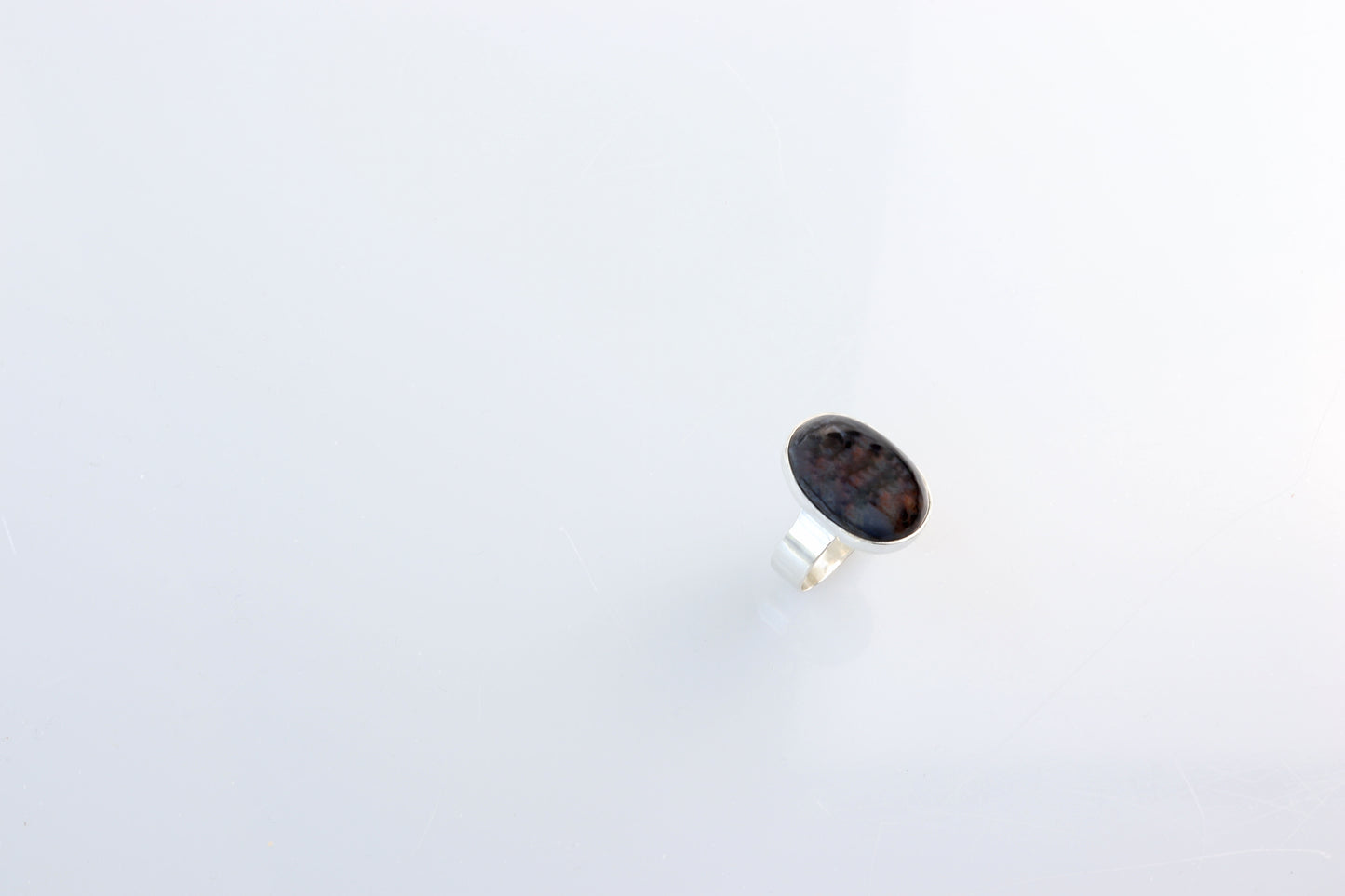 Unique 935 sterling Argentium Silver Men's Ring with Natural Black and Blue Hues, Petrified Wood Gemstone, Size 11 1/4