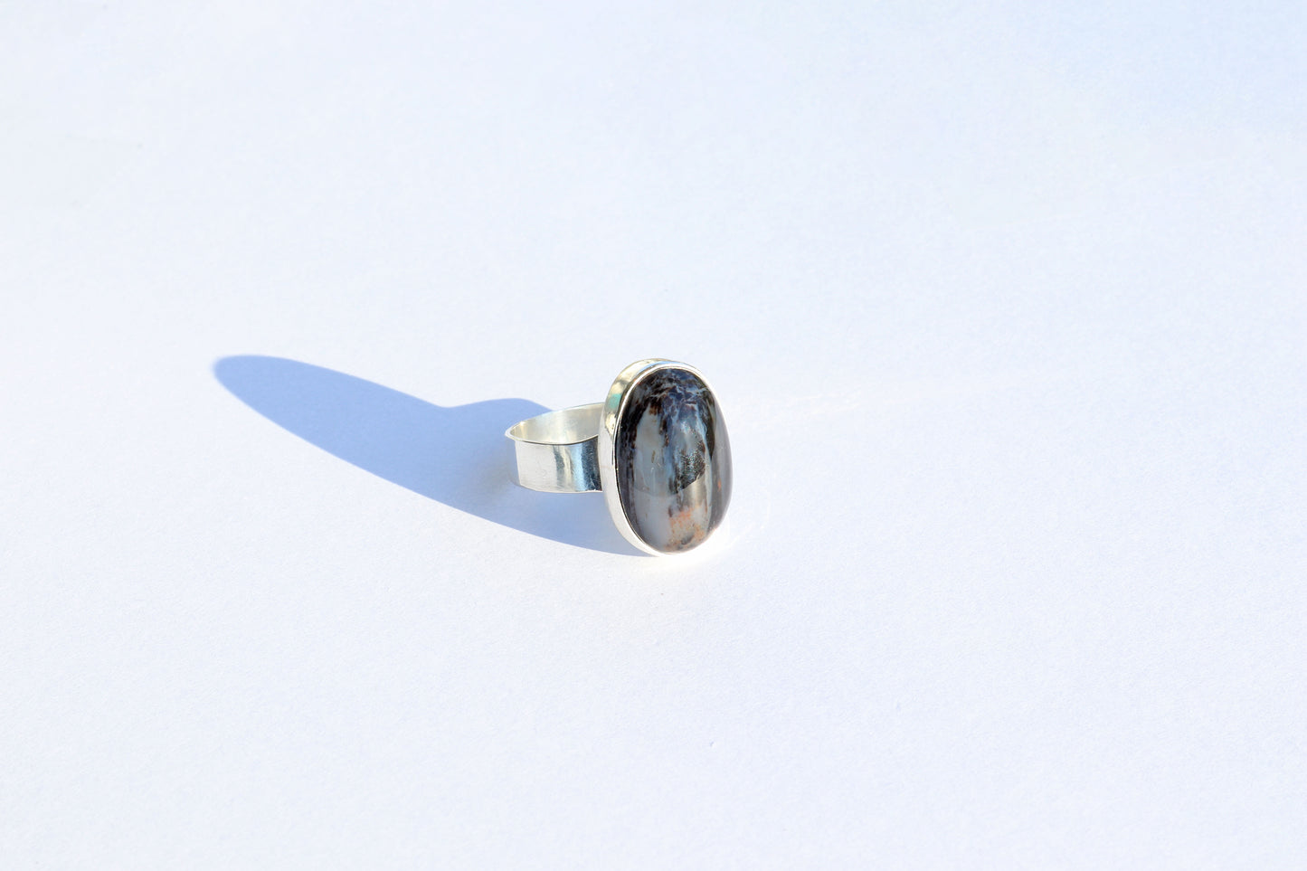 Unique 935 sterling Argentium Silver Men's Ring with Natural Black and Blue Hues, Petrified Wood Gemstone, Size 11 1/4