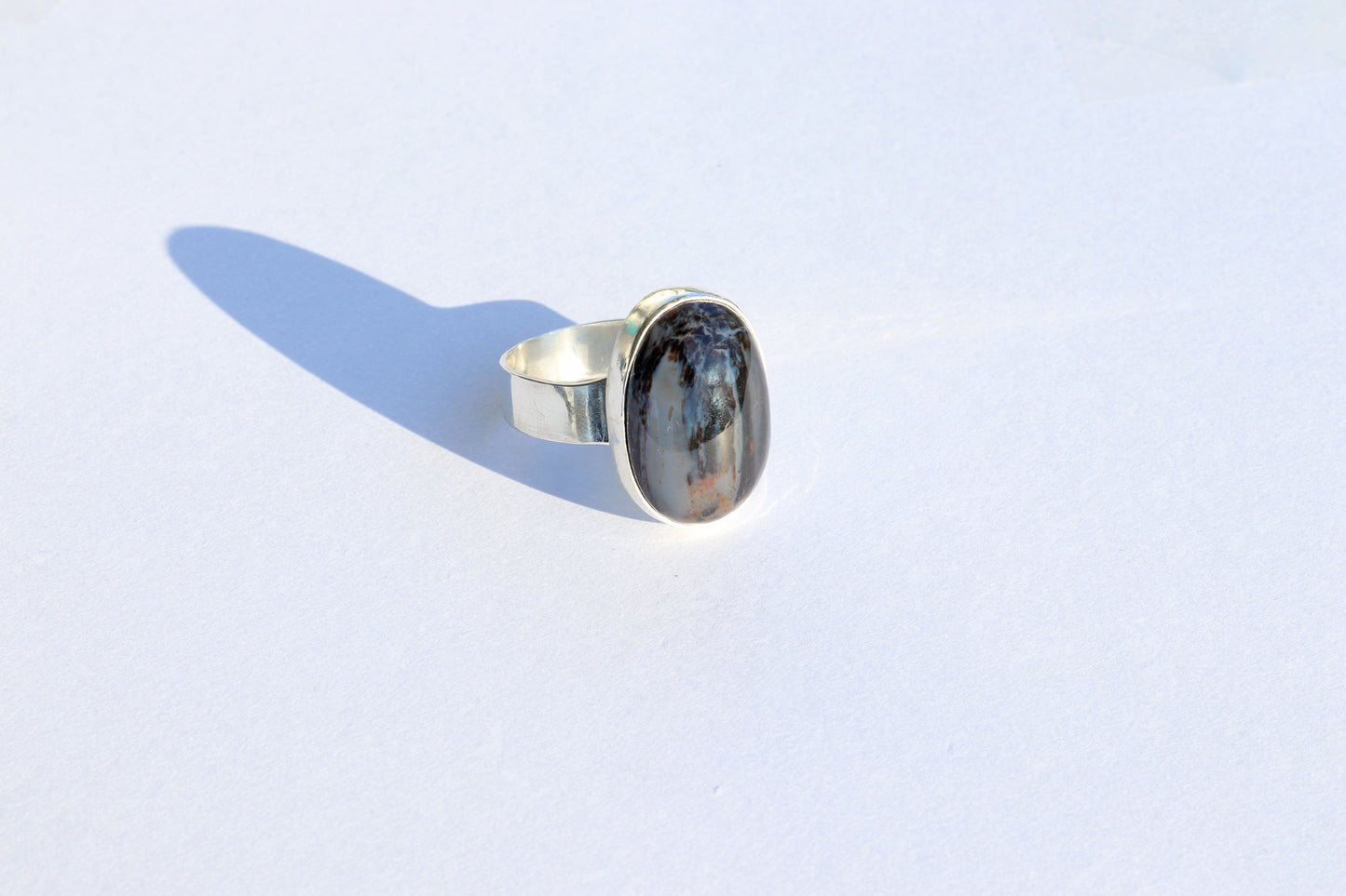 Unique 935 sterling Argentium Silver Men's Ring with Natural Black and Blue Hues, Petrified Wood Gemstone, Size 11 1/4