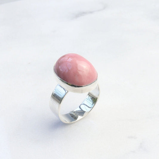 Top view of a Pink Rhodonite Handmade Ring in Argentium Silver.
