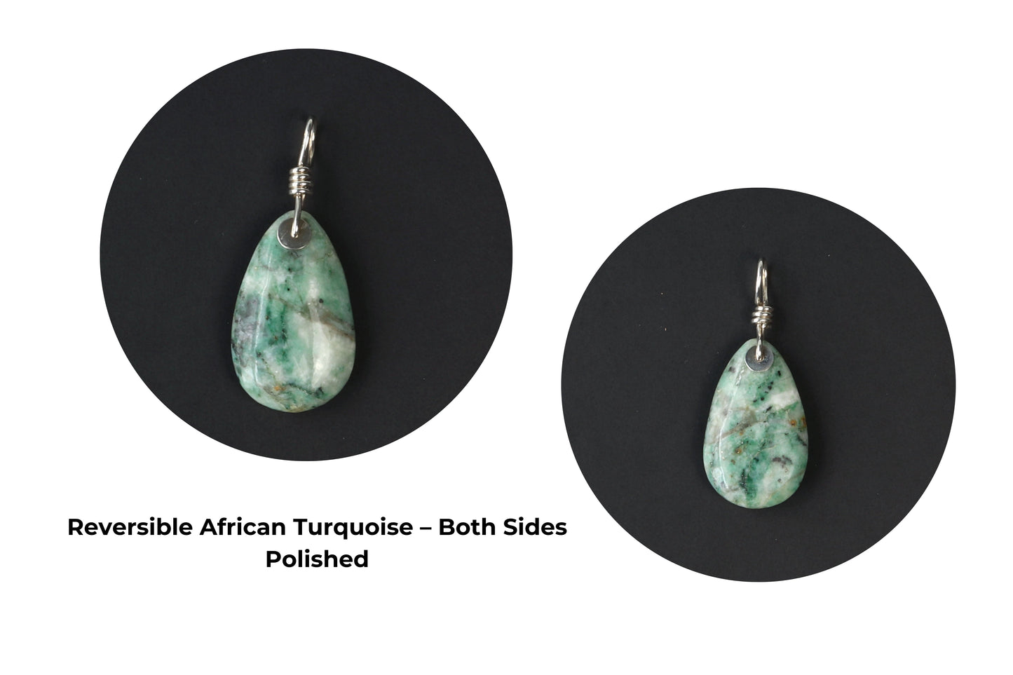 Handcrafted African Turquoise pendant with Argentium 935 Silver bail, 57.15mm, showing both reversible polished sides with blue-green hues and matrix patterns on a black background