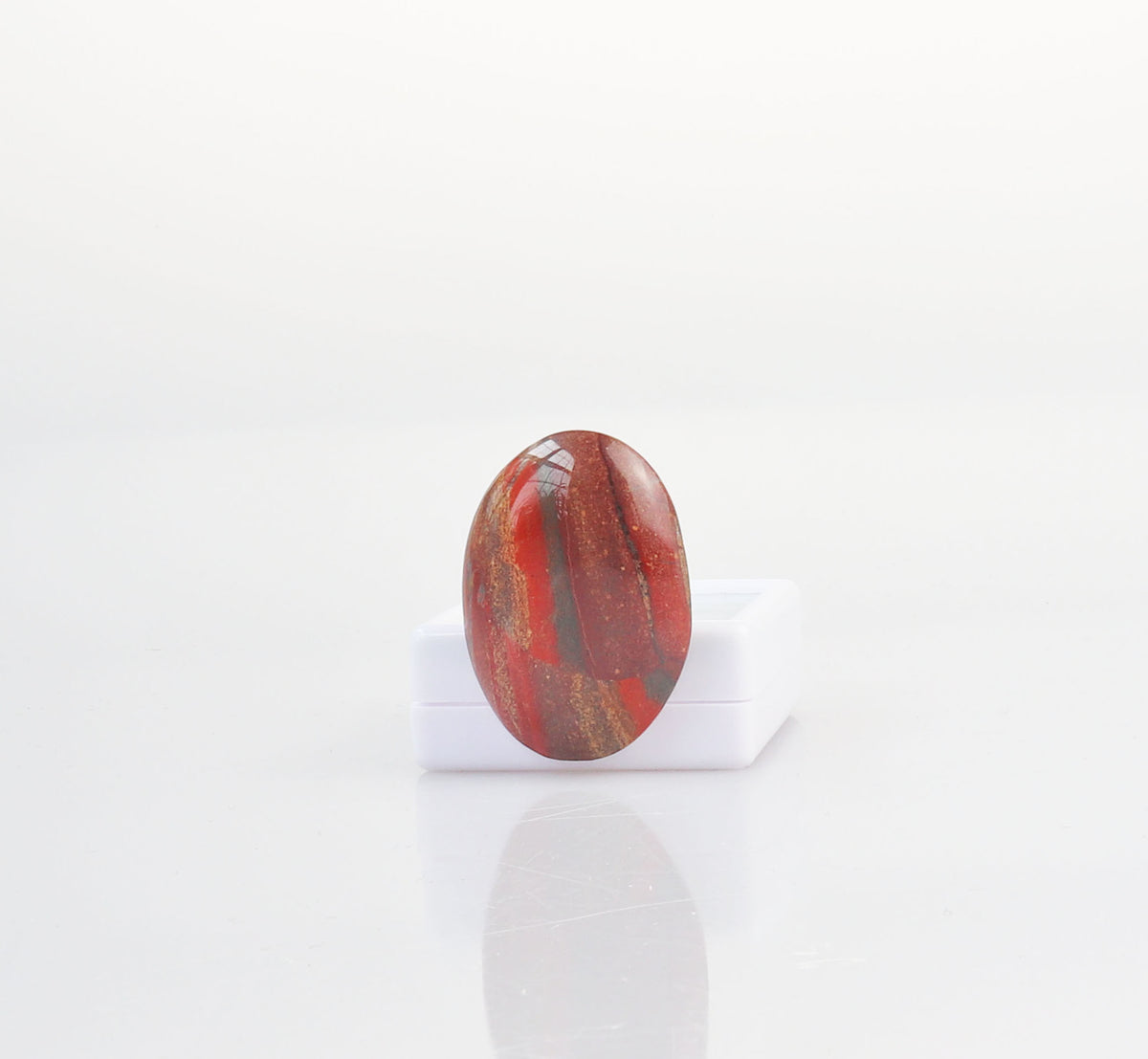 A polished Snakeskin Jasper cabochon with rich red and rust tones, accented by earthy brown, golden cream, and subtle gray areas , displayed on a small white gem box against a clean white background.