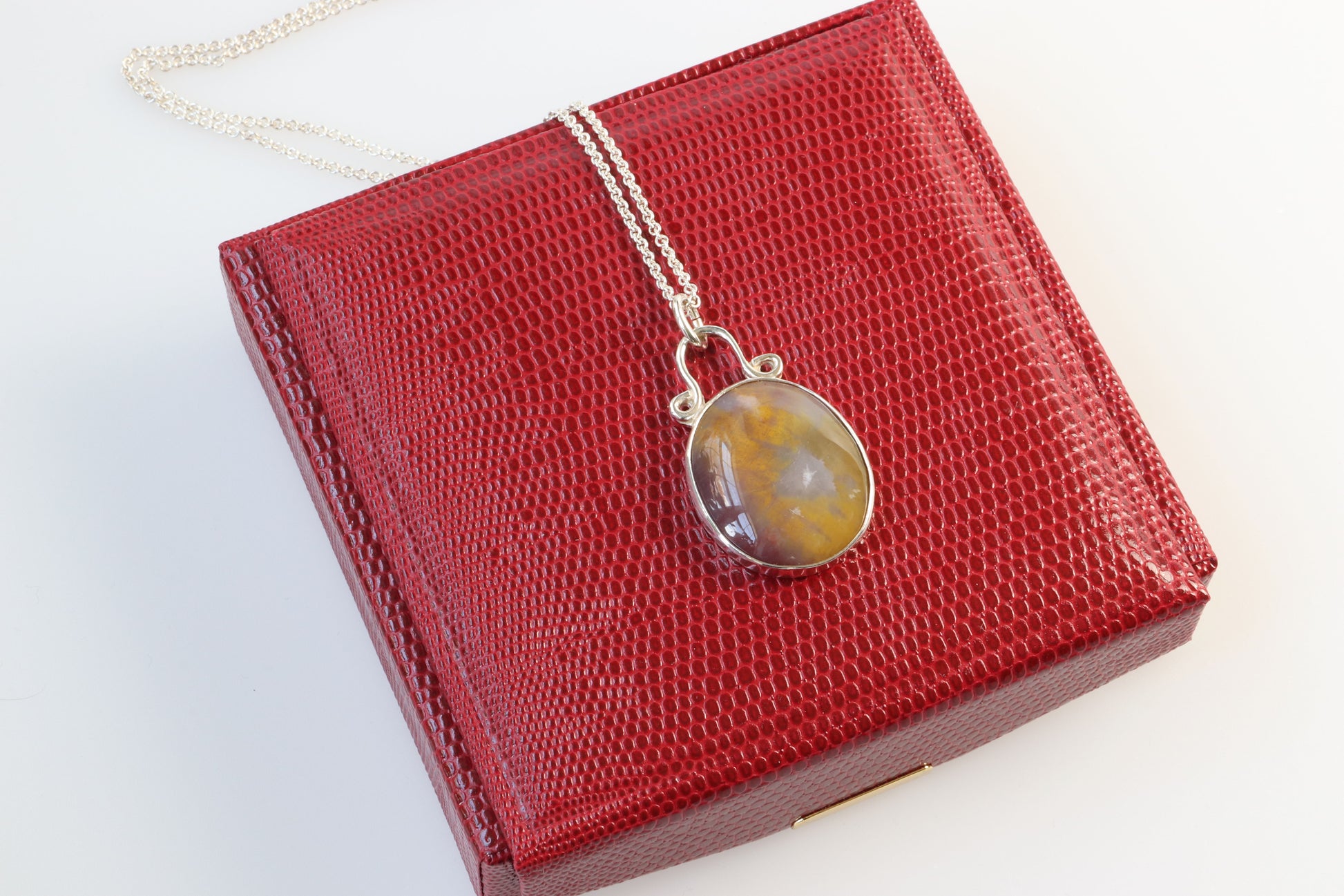 Handmade Pendant cut from Petrified Rainbow wood set in Argentium Silver shown on red leather gift box.  Ready to gift.