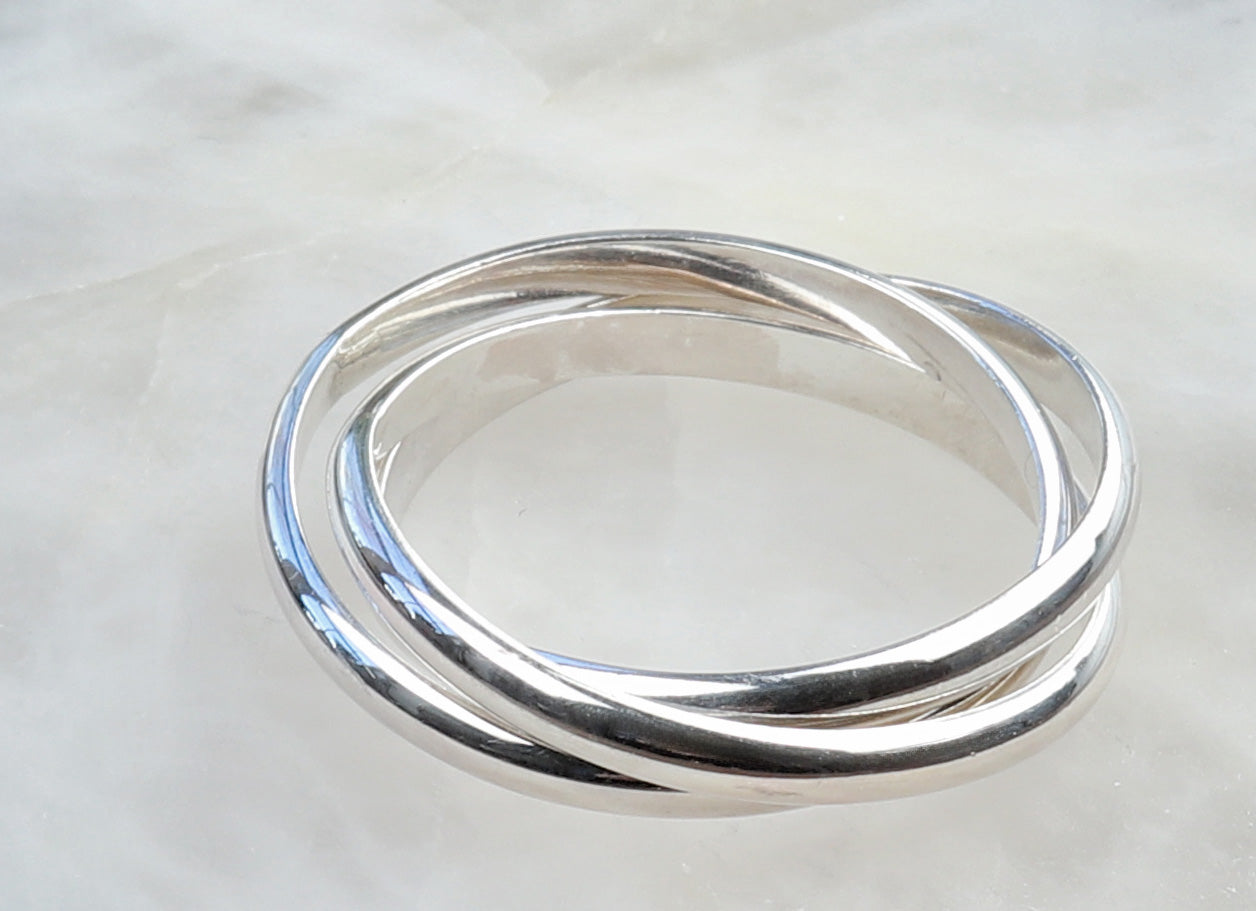 925 Sterling Silver Ring, three interlocking rolling rings, comfort fit 2.5mm, USA made