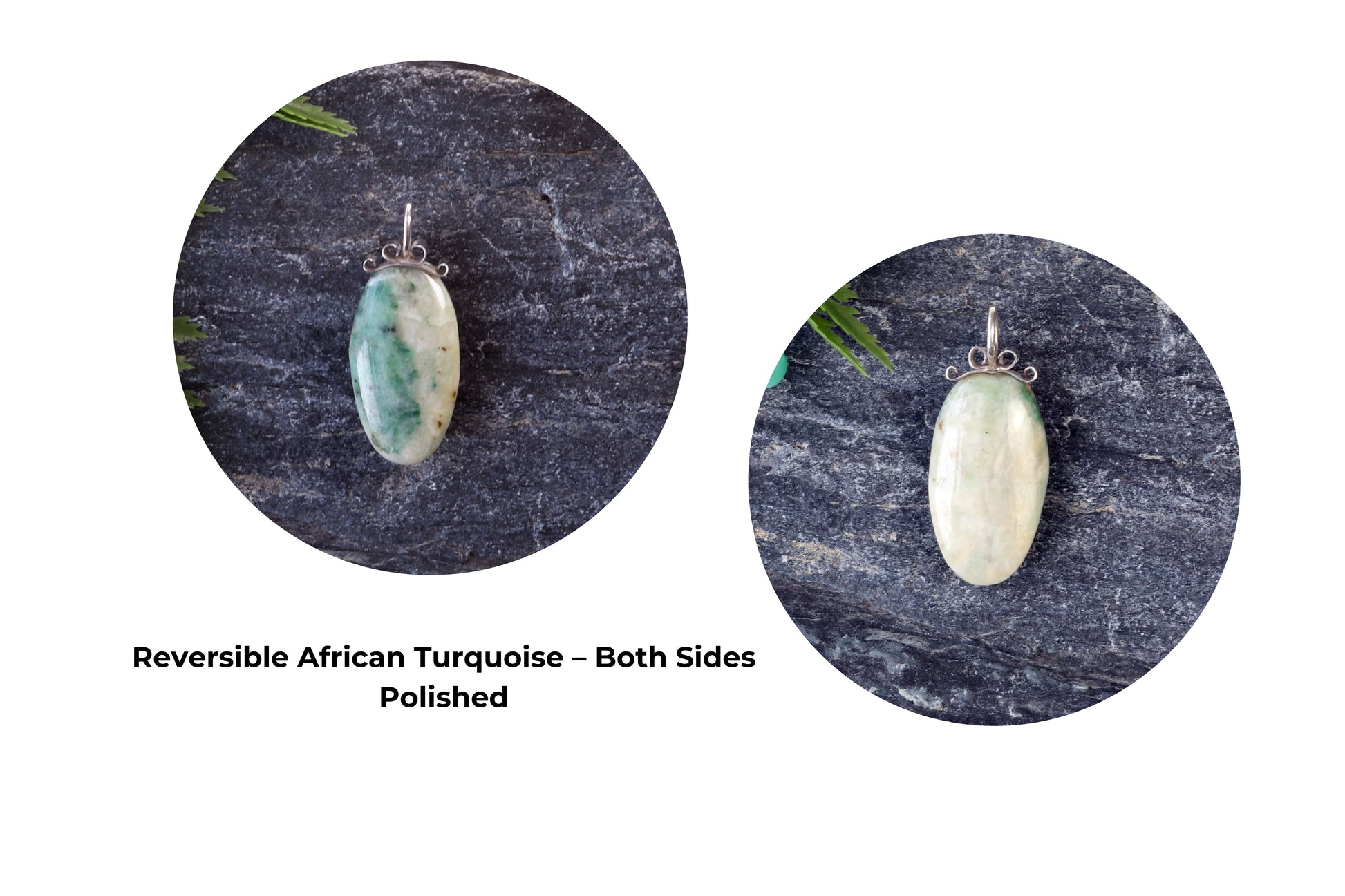 Handcrafted African Turquoise pendant with Argentium 935 Silver bail, 57.15mm, showing side by side both reversible polished sides with blue-green hues and matrix patterns on a gray stone background.