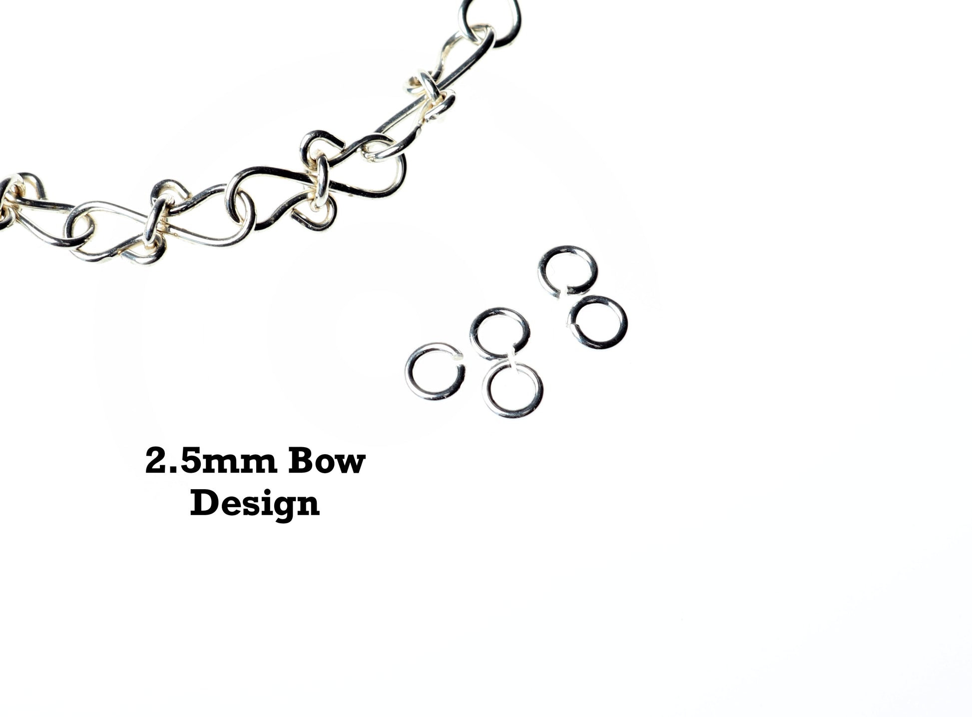 Crafted in our Missouri studio, these 2.5mm open jump rings are tumbled and polished in tarnish-resistant Argentium 940 Silver for a smooth, shiny finish. Precision-cut with our Jump Ring Cutter Jig by Elkhorn Silver™, they’re perfect for wire wrapping, chainmail, or charms.  Shown next to a section of custom infinity figure 8 bow design that uses these 2.5 jump rings.