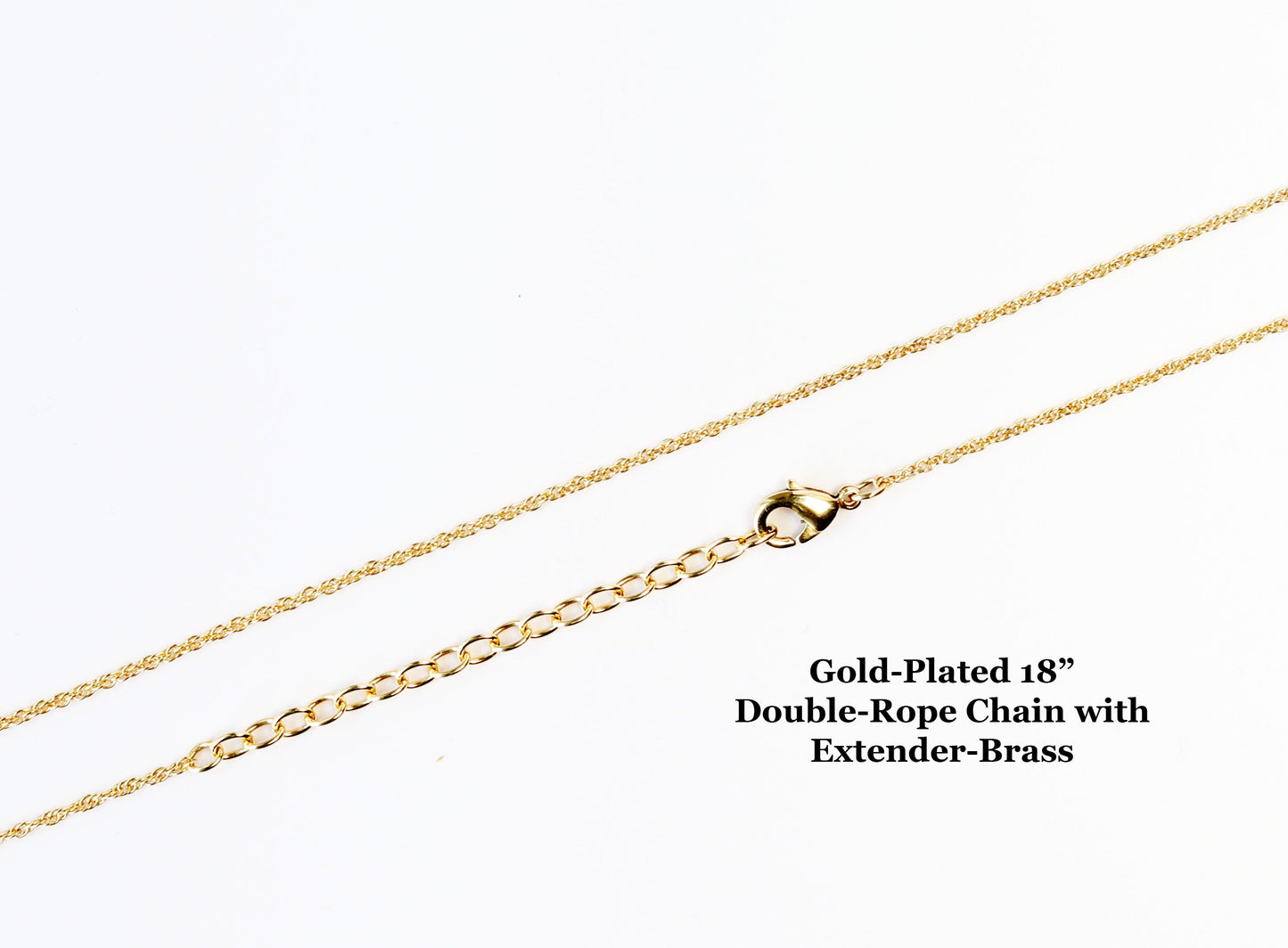 Dainty 18” gold-plated brass rope chain with 2” extender and lobster clasp. Ideal for pendants and charms. Durable, soldered links.