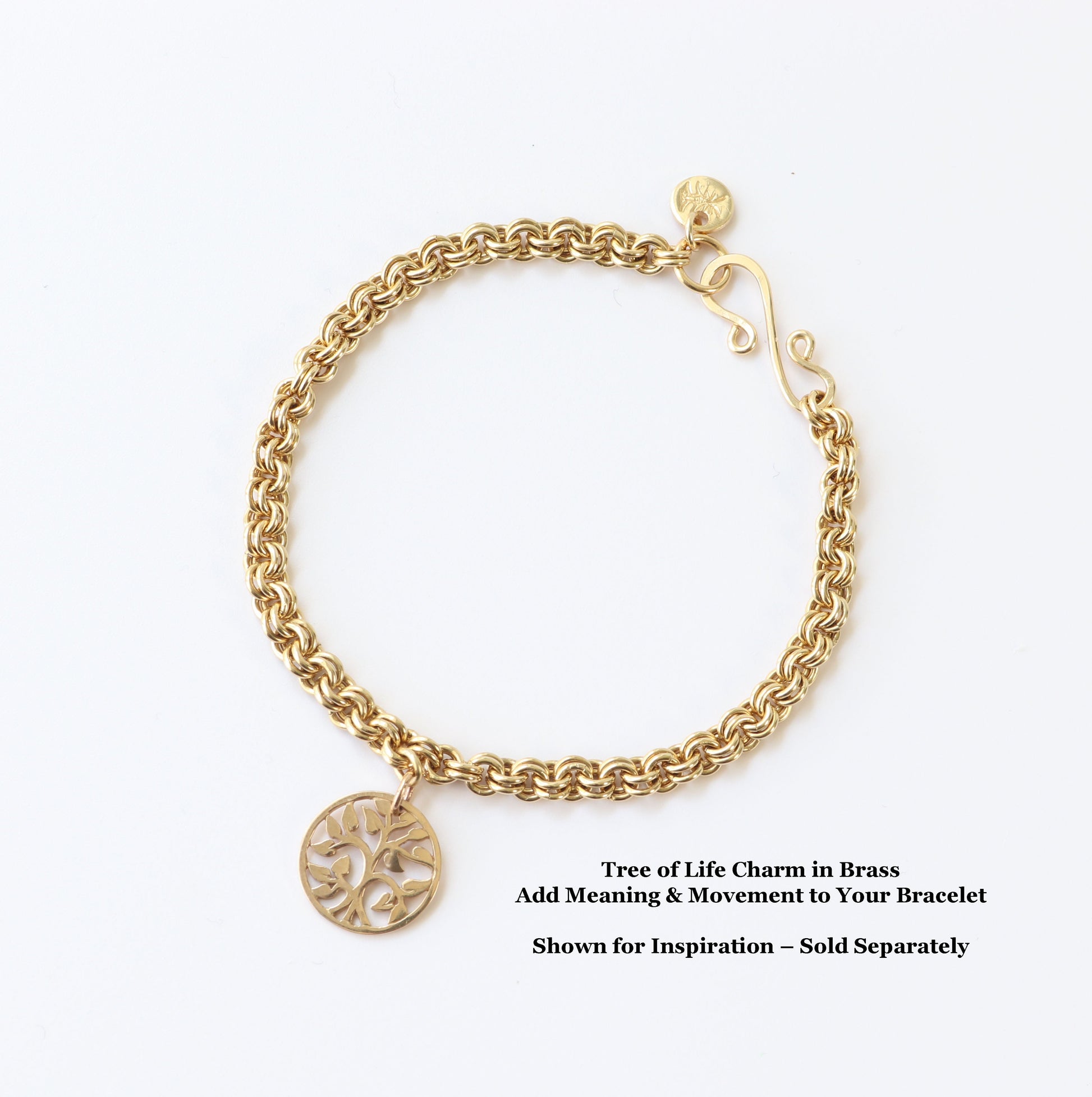 Tree of Life Charm in Brass adds meaning and movement to the brass bracelet designed in double-link chainmail weave with custom s-hook clasp.  Bracelet with charm sold separately.