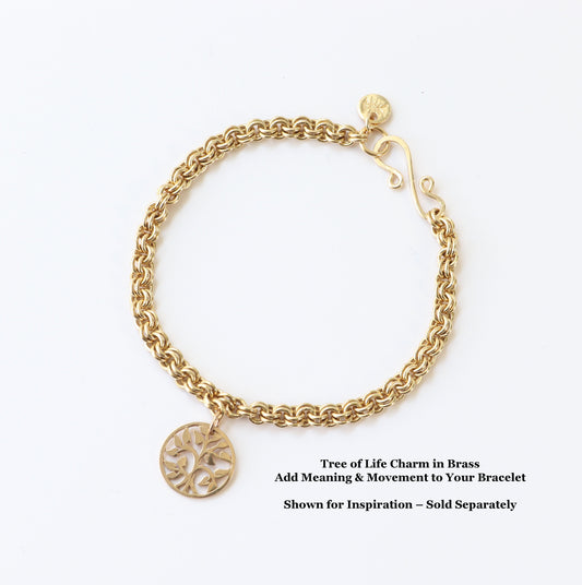 Tree of Life Charm in Brass adds meaning and movement to the brass bracelet designed in double-link chainmail weave with custom s-hook clasp.  Bracelet with charm sold separately.