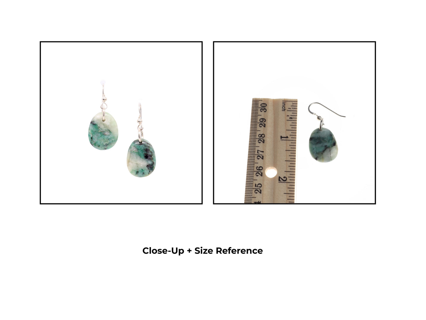 Natural African Turquoise tear drop earrings, handcut and polished in our Missouri studio to reveal earthy patterns and hues of teal, green and creamy white. Reminiscent of real turquoise, African Turquoise boasts its own unique patterns and variations, making every piece truly one-of-a-kind. The sterling 935 Argentium® Silver ear wires, add a touch of elegance, ensure a comfortable and secure fit and are hypoallergenic. Shown next to a ruler for size reference.