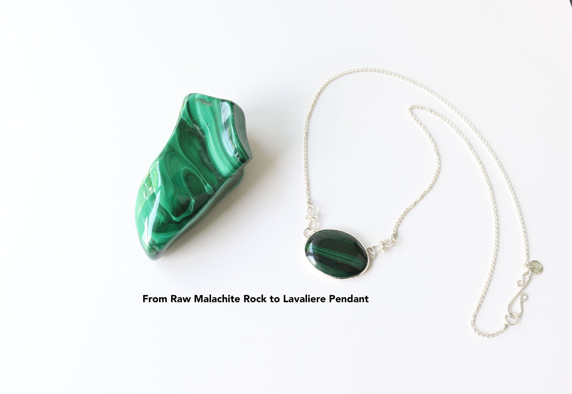 From Raw Malachite Rock to Lavaliere Malachite Pendant Necklace on white background.