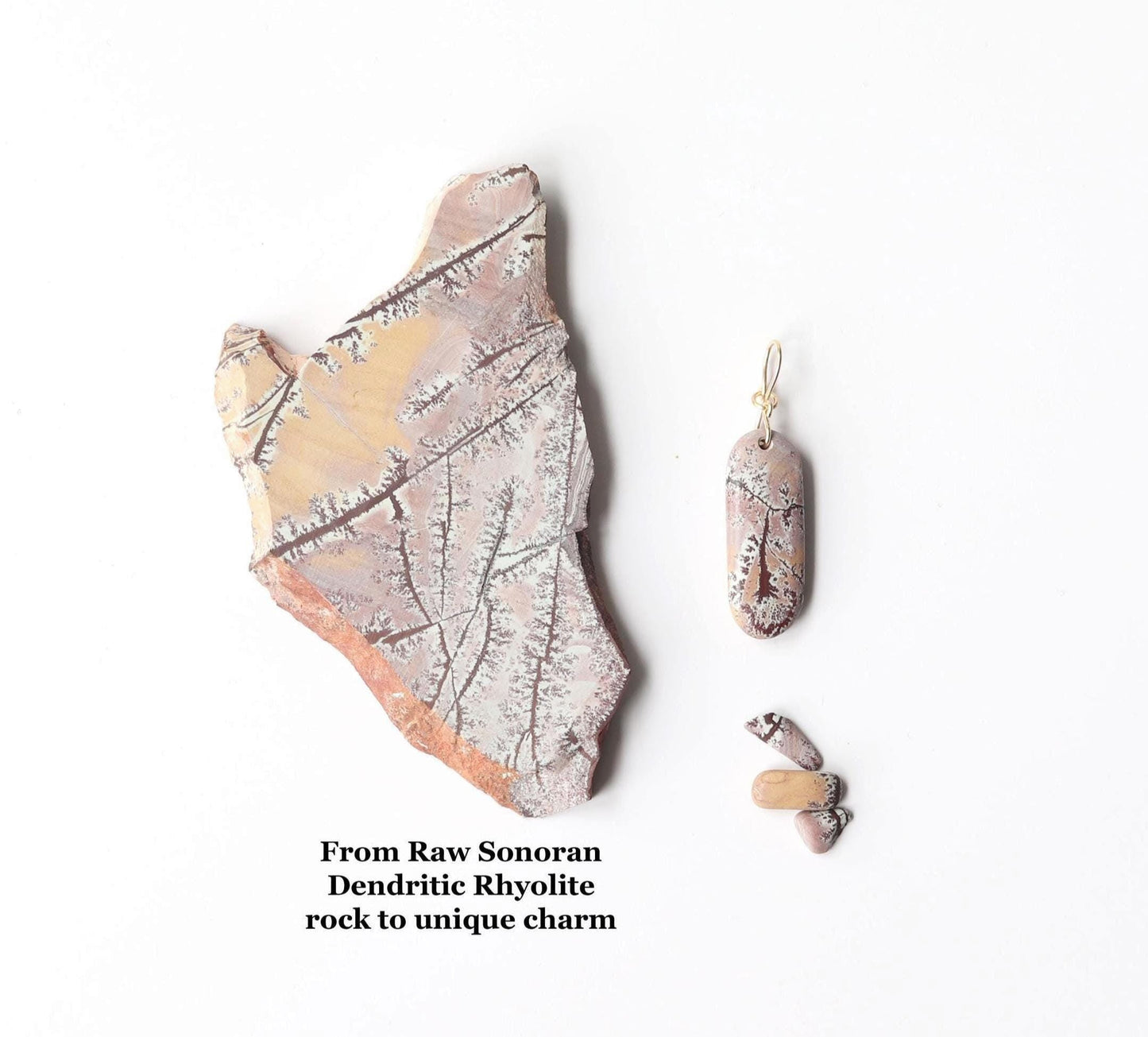 From raw Sonoran Dendritic Rhyolite to unique charm. Pendant shown next to actual rock used to craft this pendant.