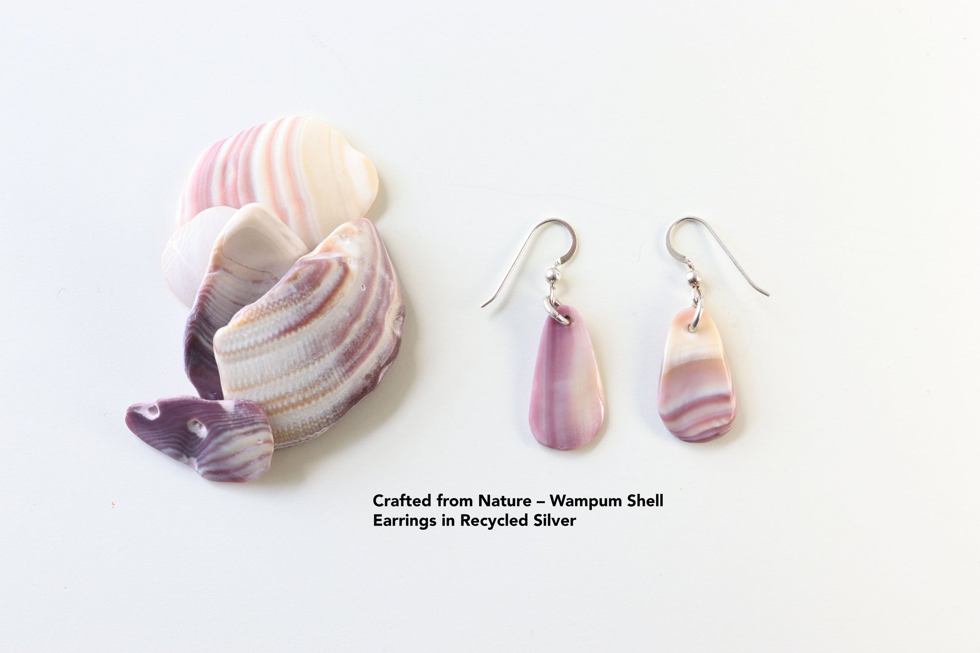 Crafted from Nature from raw wampum shells to polished earrings.