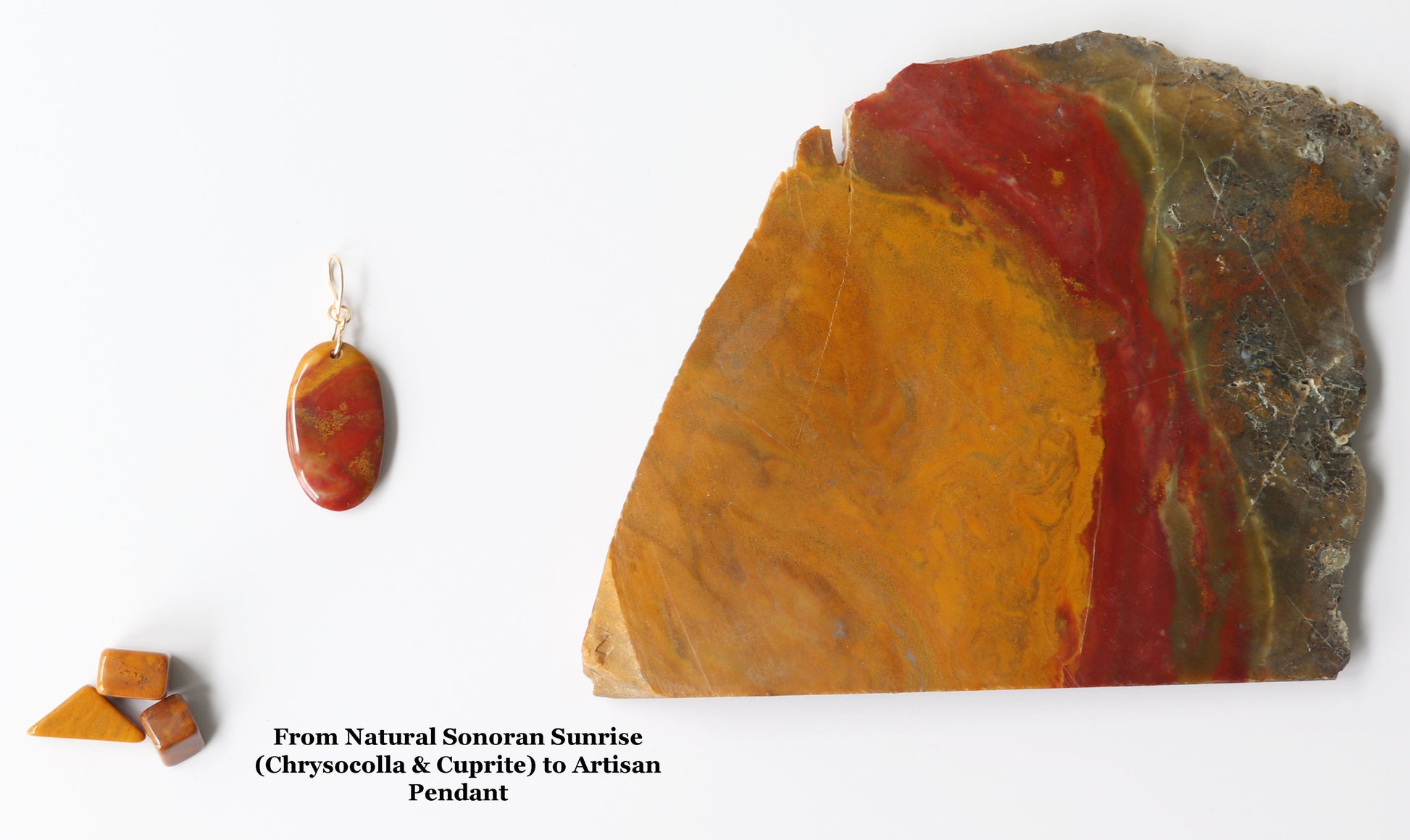 Raw Sonoran Sunrise stone alongside finished pendant showing natural red cuprite and mustard hues transformed into a hand-polished, one-of-a-kind charm.
