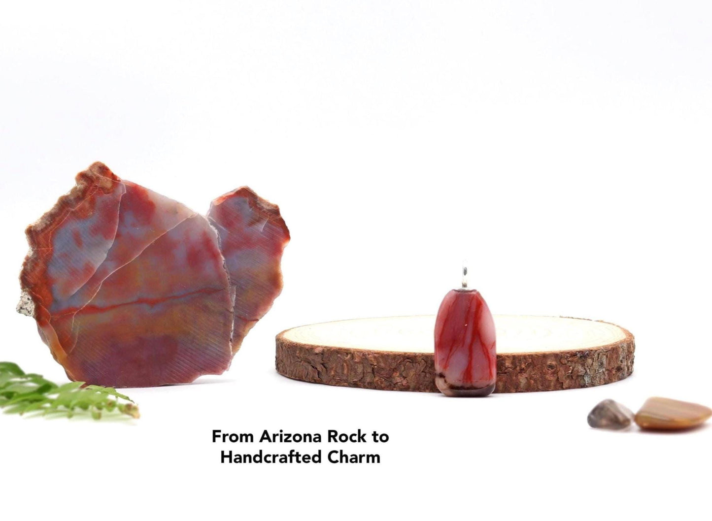 From raw petrified rainbow wood to pendant charm shown next to wood slab and petrified wood rock chips.