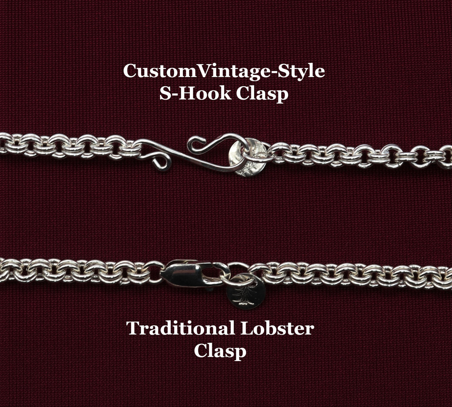 Choice of clasp options include S-Hook Vintage Style, or traditional Lobster Clasp