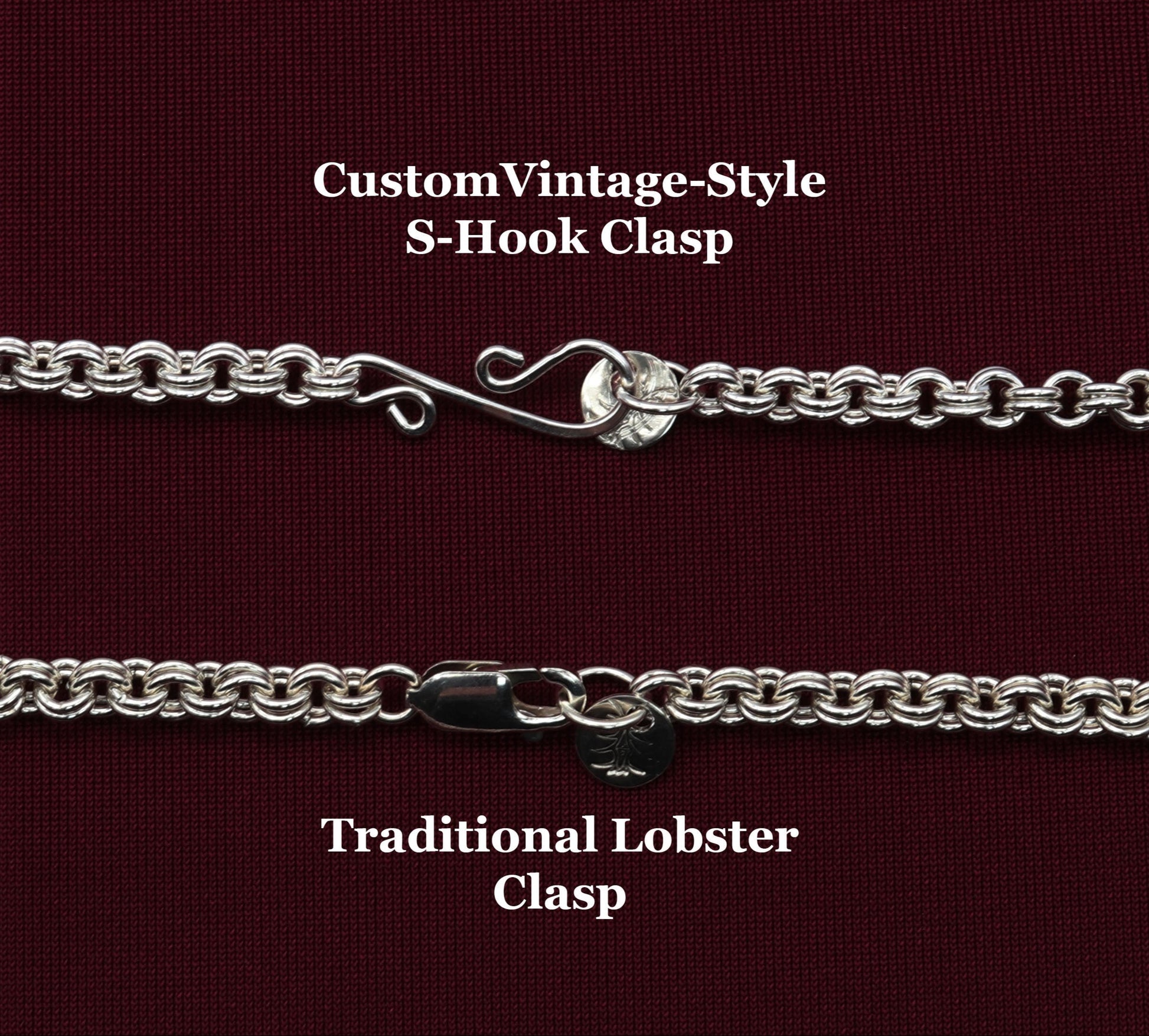 Choice of clasp options include S-Hook Vintage Style, or traditional Lobster Clasp