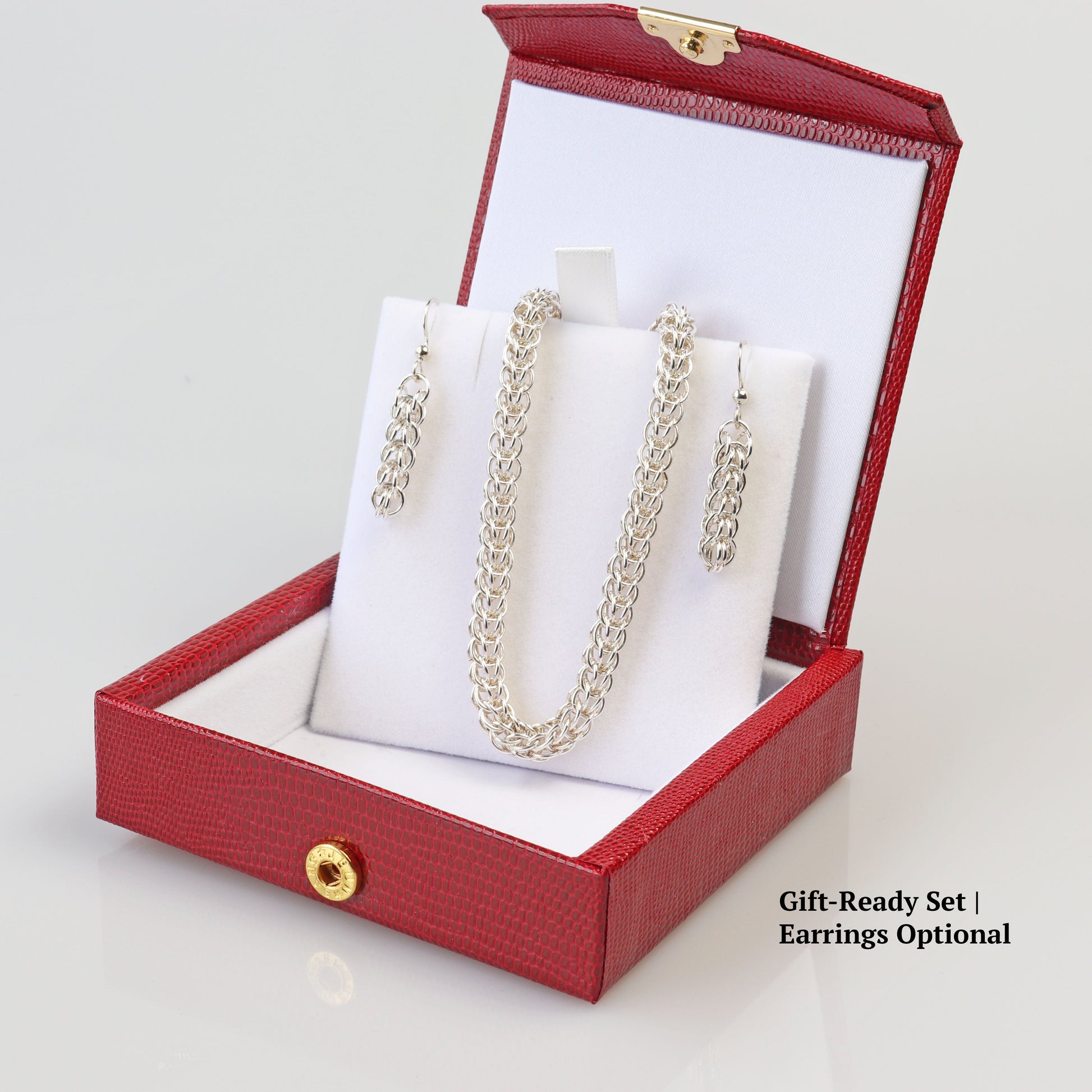 Jewelry Set of Full Persian Necklace and earrings are shown inside a red gift box with gold clasp.  Gift Ready set with optional earrings.