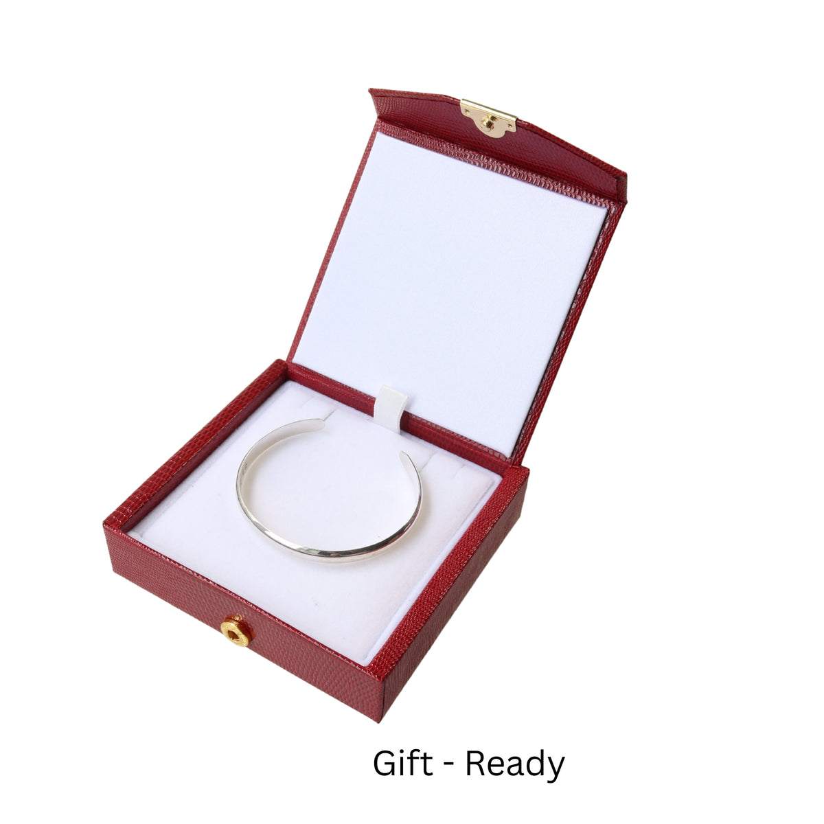 Cuff Bracelet shown on white background within a stylish gift box that is red faux leather included in purchase.
