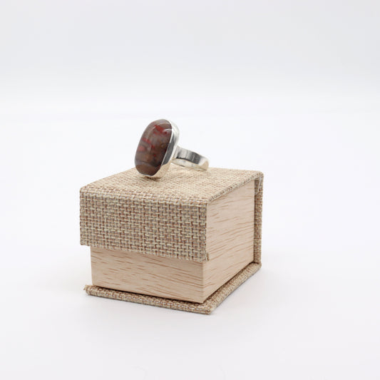 Handcrafted Natural Stone Ring Size 11 in Argentium Silver shown on Cabana Burlap and Wood Patterned Ring Gift Box with magnetic closure.  Comes Gift Ready.