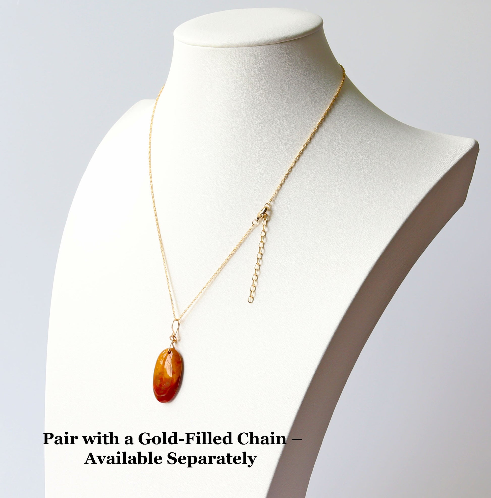 Sonoran Sunrise pendant displayed on a white jewelry form with gold-filled bail, styled to show wearability. Text overlay reads: Pair with Gold-Filled Chain – Available Separately