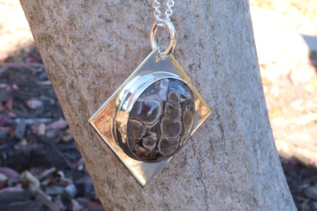 Turritella Agate Cabochon Pendant in sterling Argentium 935 Silver Setting, four point diamond shape bezel, Minimalist Jewelry, USA made