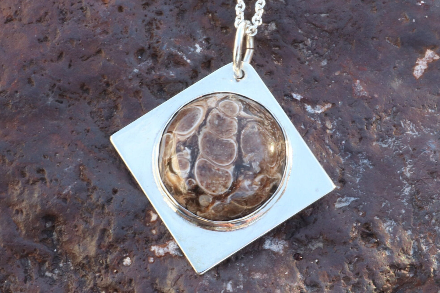 Turritella Agate Cabochon Pendant in sterling Argentium 935 Silver Setting, four point diamond shape bezel, Minimalist Jewelry, USA made