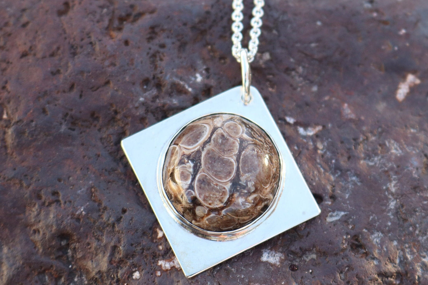 Turritella Agate Cabochon Pendant in sterling Argentium 935 Silver Setting, four point diamond shape bezel, Minimalist Jewelry, USA made