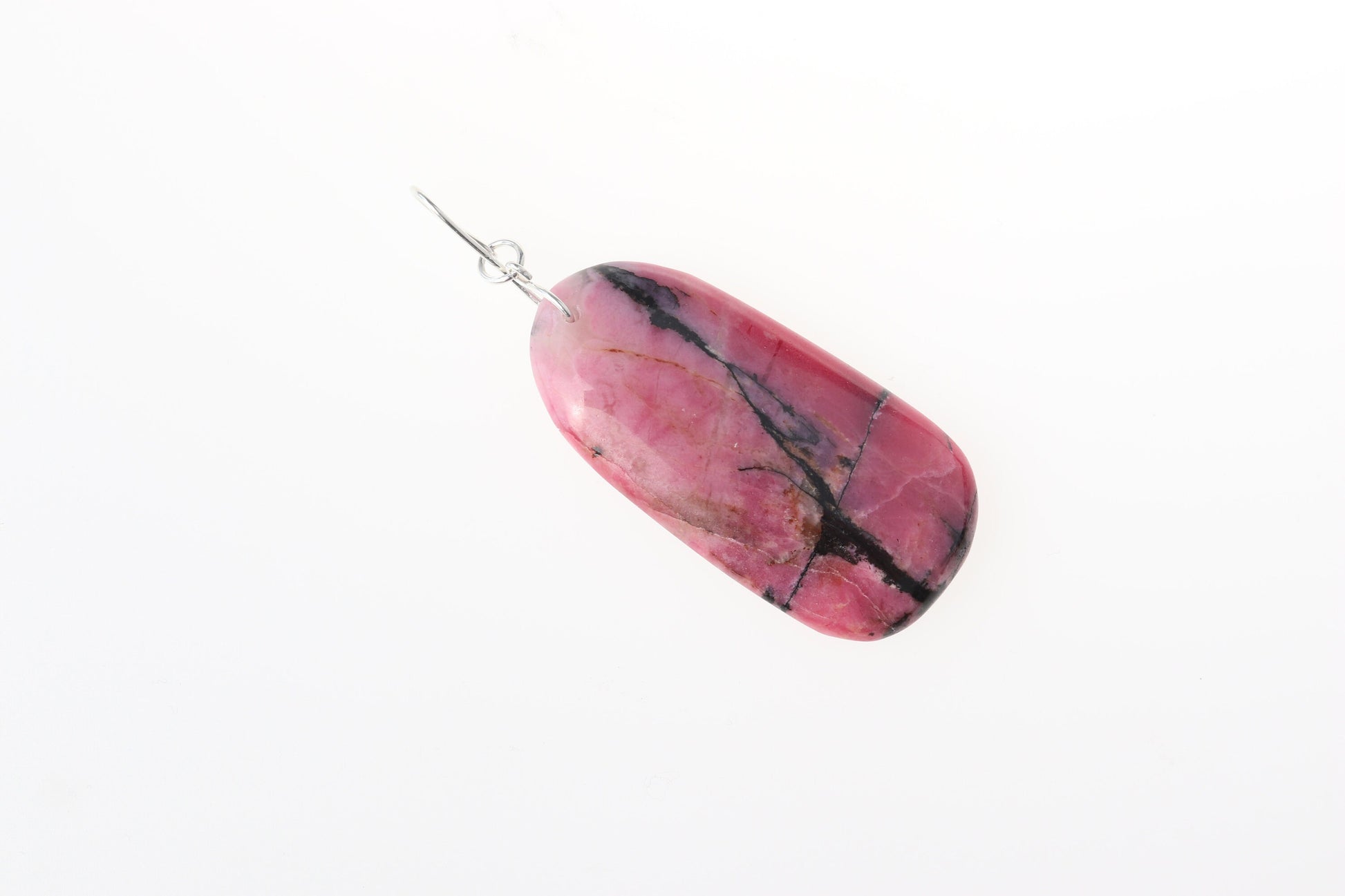 A polished Rhodonite pendant on both sides and features a handcrafted infinity bow-shaped bail made from hypoallergenic, tarnish-resistant Argentium® 935 silver.