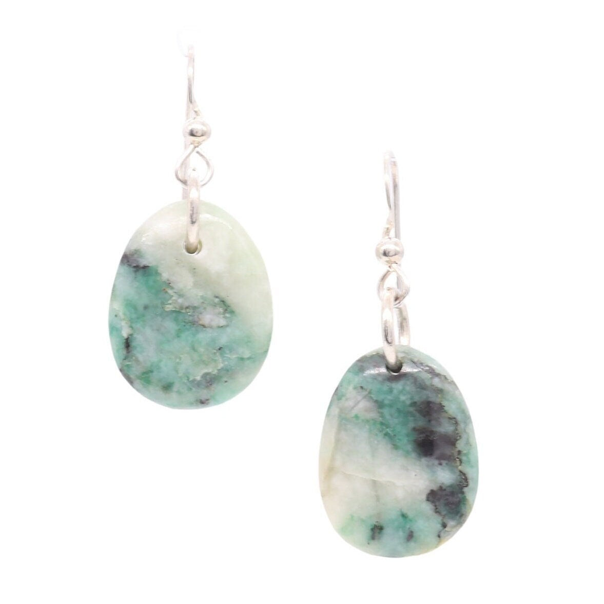 Natural African Turquoise tear drop earrings, handcut and polished in our Missouri studio to reveal earthy patterns and hues of teal, green and creamy white. Reminiscent of real turquoise, African Turquoise boasts its own unique patterns and variations, making every piece truly one-of-a-kind. The sterling 935 Argentium® Silver ear wires, add a touch of elegance, ensure a comfortable and secure fit and are hypoallergenic.