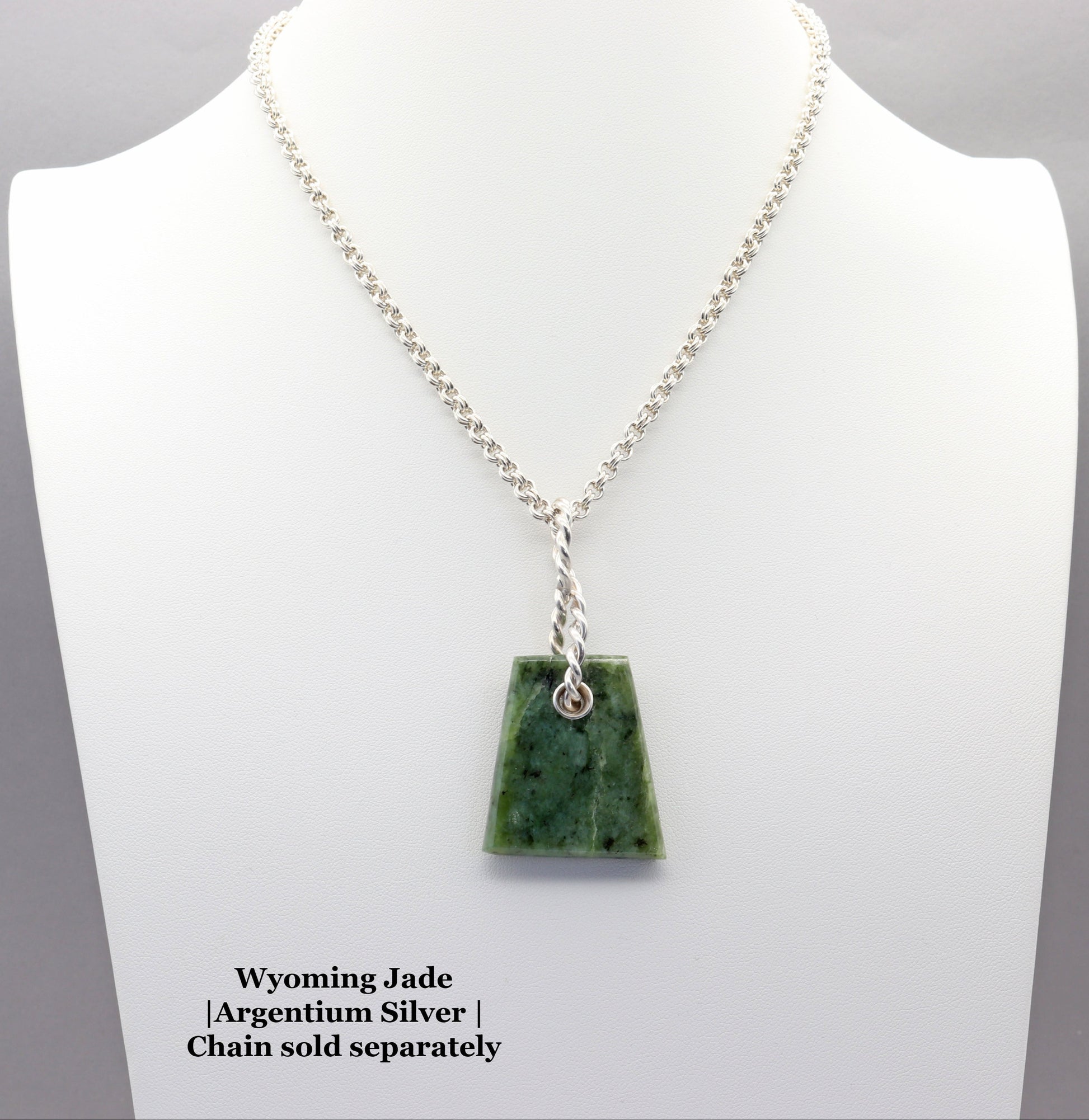 Wyoming Jade Argentium Silver Pendant with chain sold separately. Shown on white jewelry mannequin against light gray background.
