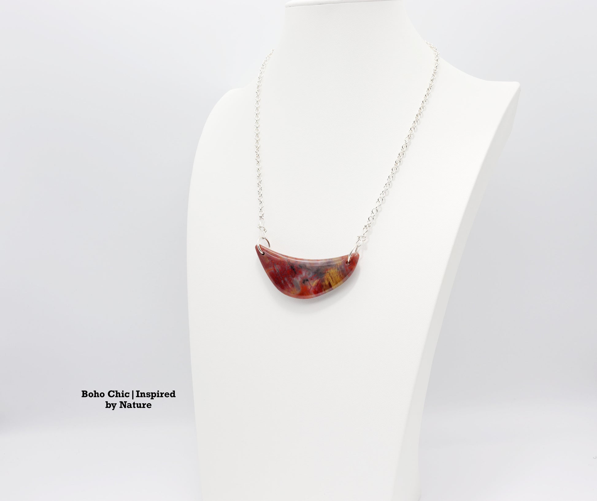 Necklace shown on white jewelry mannequin model for length and styling inspiration.  Text Overlay Boho Chic Inspired by Nature.