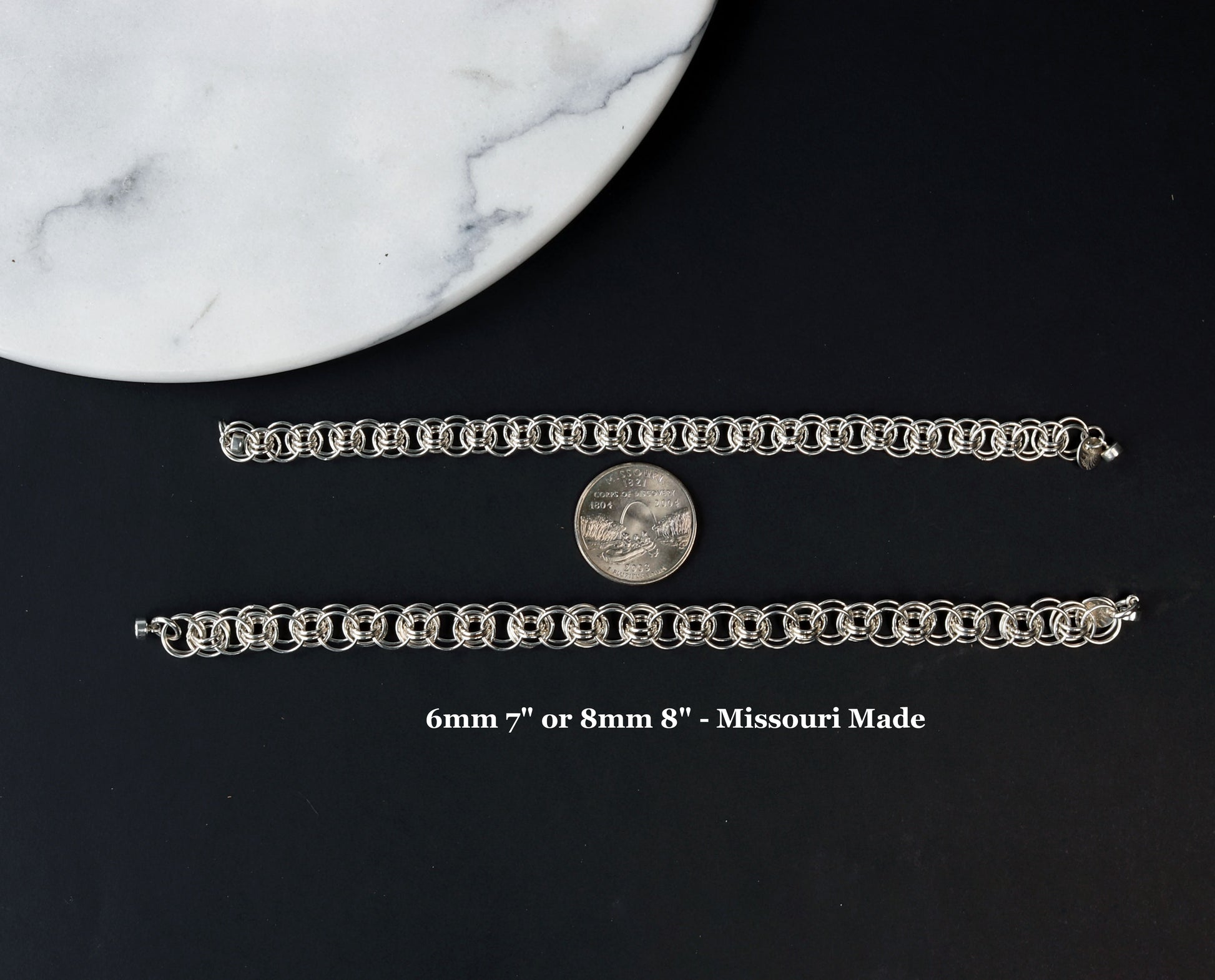 Choose between 6mm 7inch or 8inch 8mm bracelets quarter is shown for scale.