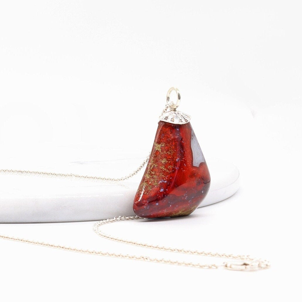 Chunky red Jasper Agate pendant with Argentium® silver bail, ideal as a bold focal for wire wrapping or artisan jewelry design.
