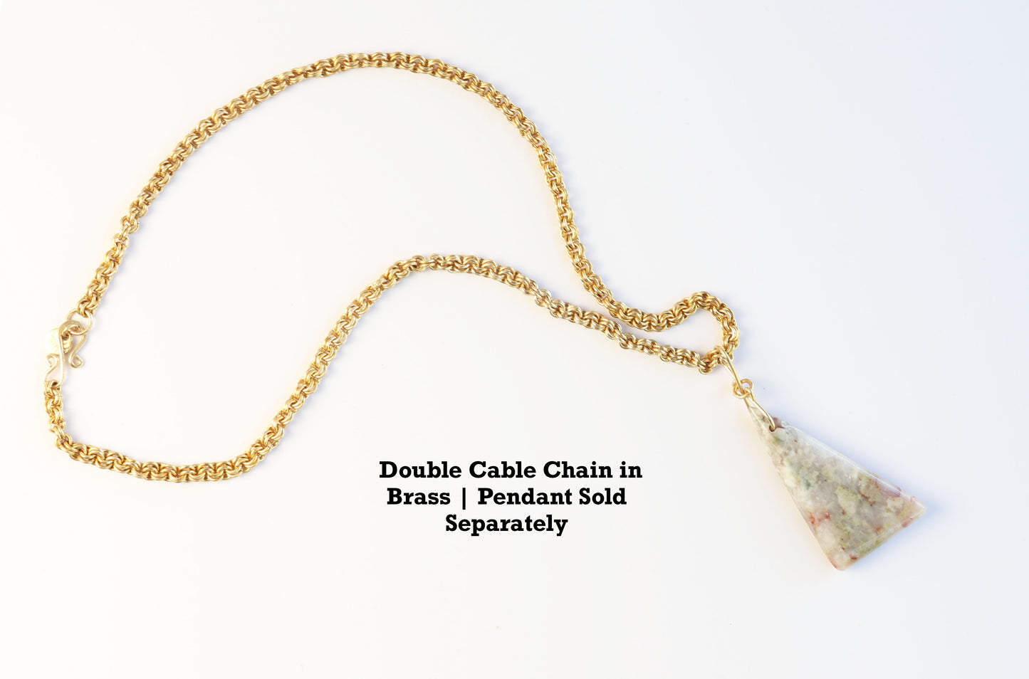 Double Cable chain flat on white background with pendant sold separately. Text overlay Double Cable chain in Brass | Pendant sold separately