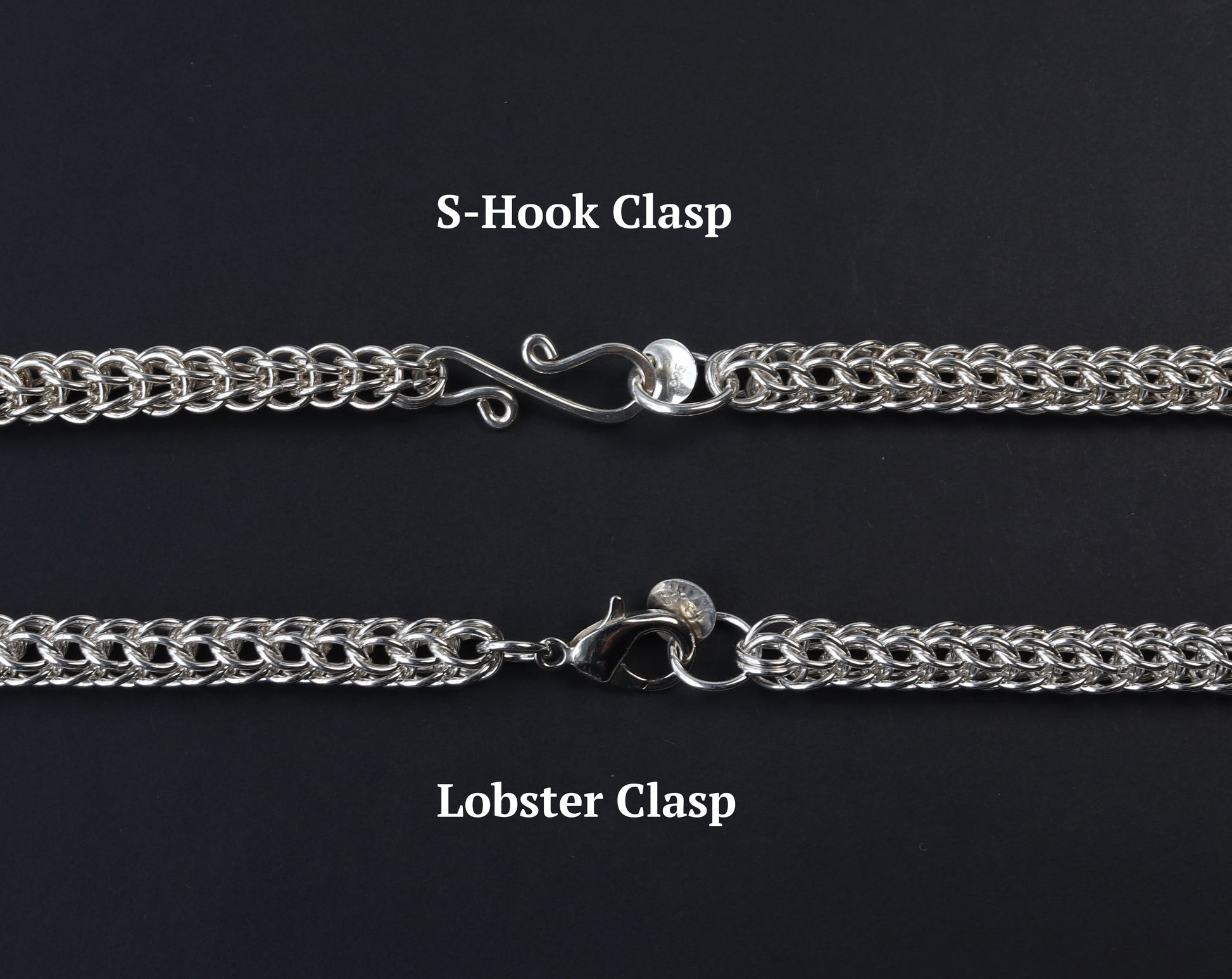 Clasp options shown on black background. Custom S-hook clasp or Lobster clasp.