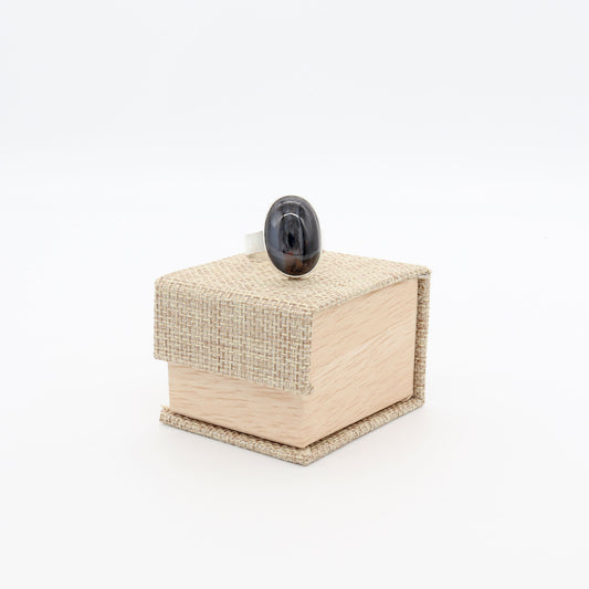 Gift-boxed Petrified Rainbow Wood ring handcrafted in Missouri packaged in Burlap and Wood Patterned Ring Gift Box