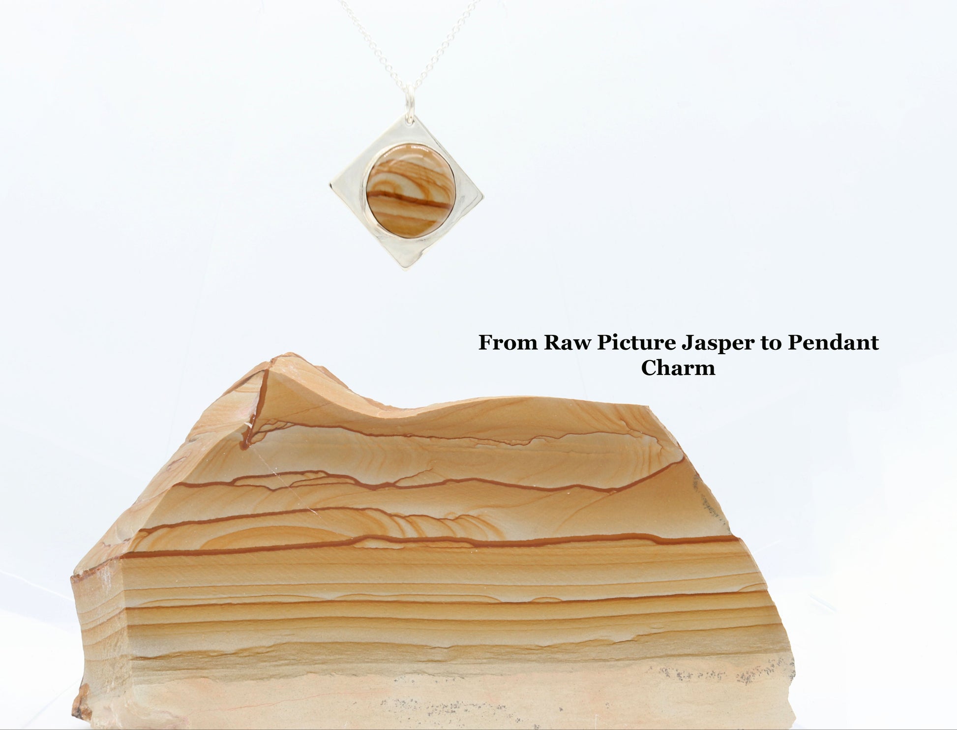 From raw Picture Jasper to Pendant Charm.  Actual craft rock shown adjacent to finished pendant.