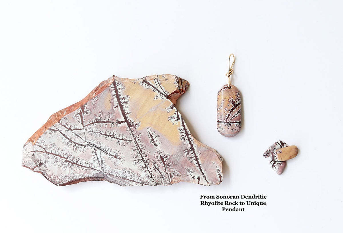 From raw Sonoran Dendritic Rhyolite to unique charm. Pendant shown next to actual rock used to craft this pendant. Shown on white background next a few Sonoran Dendritic pebbles for props.