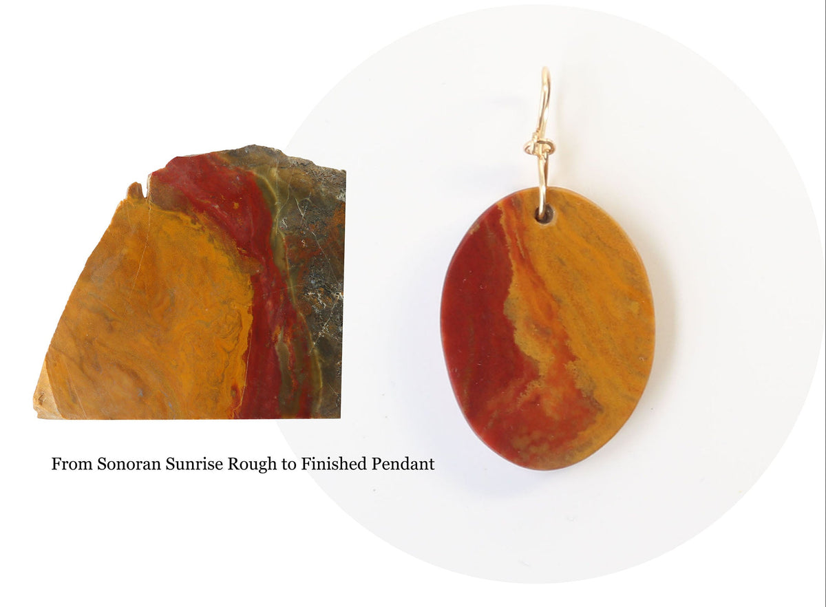 Shown next to the actual slab of Sonoran Sunrise used to craft this one-of-a-kind Sonoran Sunrise Pendant - Hand-cut and polished displaying rich cuprite reds with warm golden ochre tones with a 14/20 gold-filled infinity bow bail — shown on white background. Text overlay says From Sonoran Sunrise Rough to Finished Pendant.