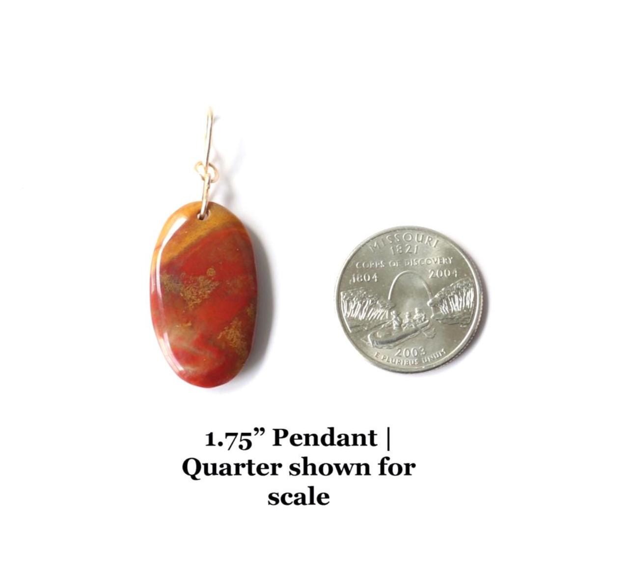 Sonoran Sunrise pendant shown next to a 2003 Missouri quarter for scale. Pendant measures 1.75 inches long, highlighting its bold yet wearable size.