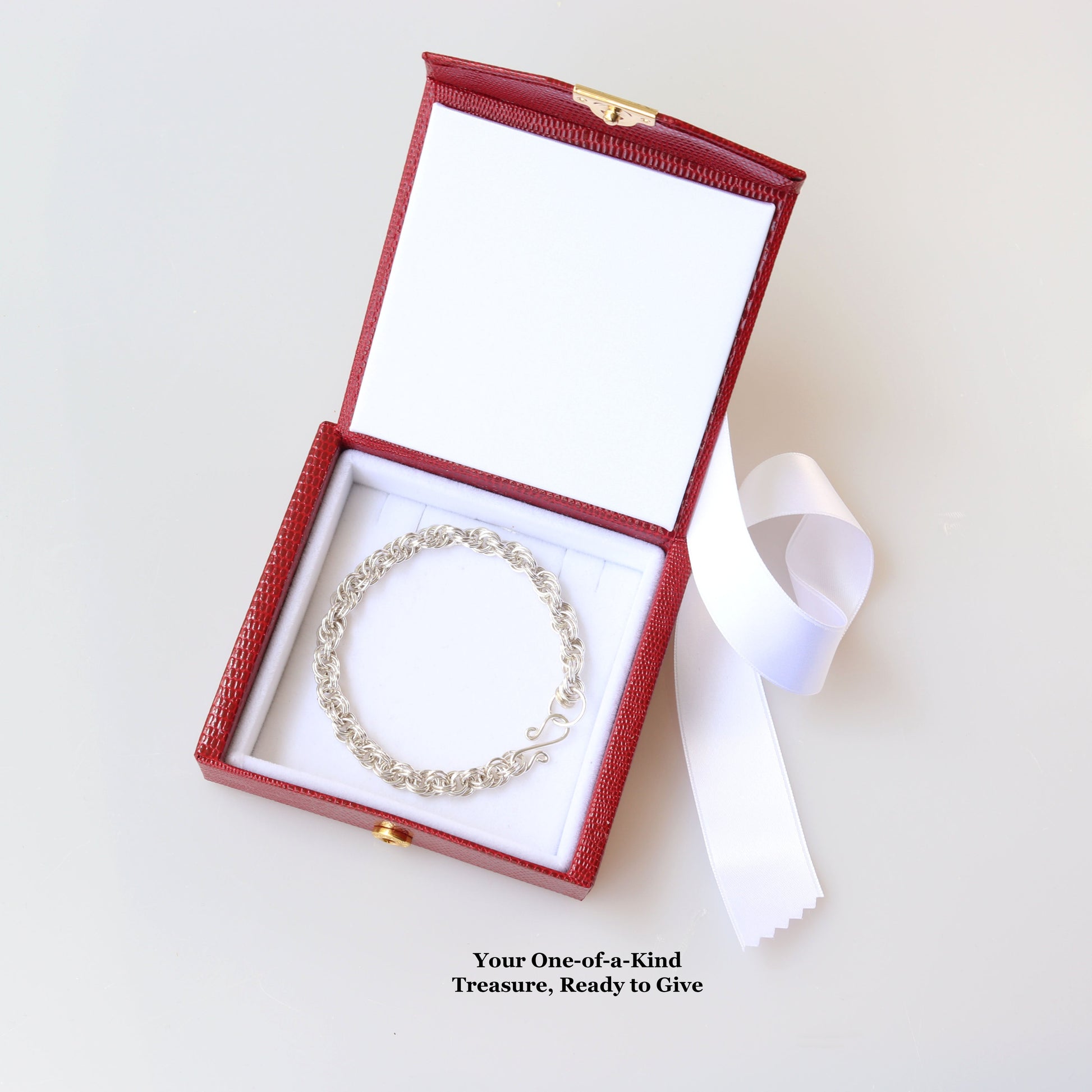 Your One-of-a-Kind Spiral Bracelet Treasure, Ready to Give.  Packaged in a red faux leather gift box.